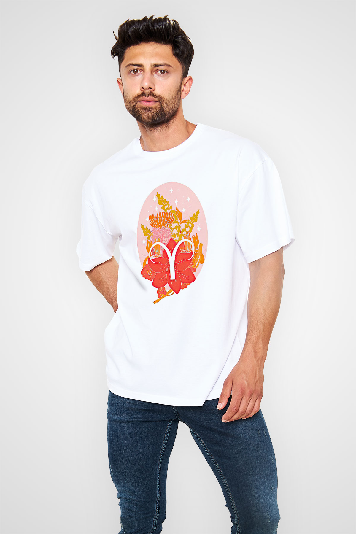 Koç Burcu Baskılı Unisex Siyah Oversize Tişört - Tshirt