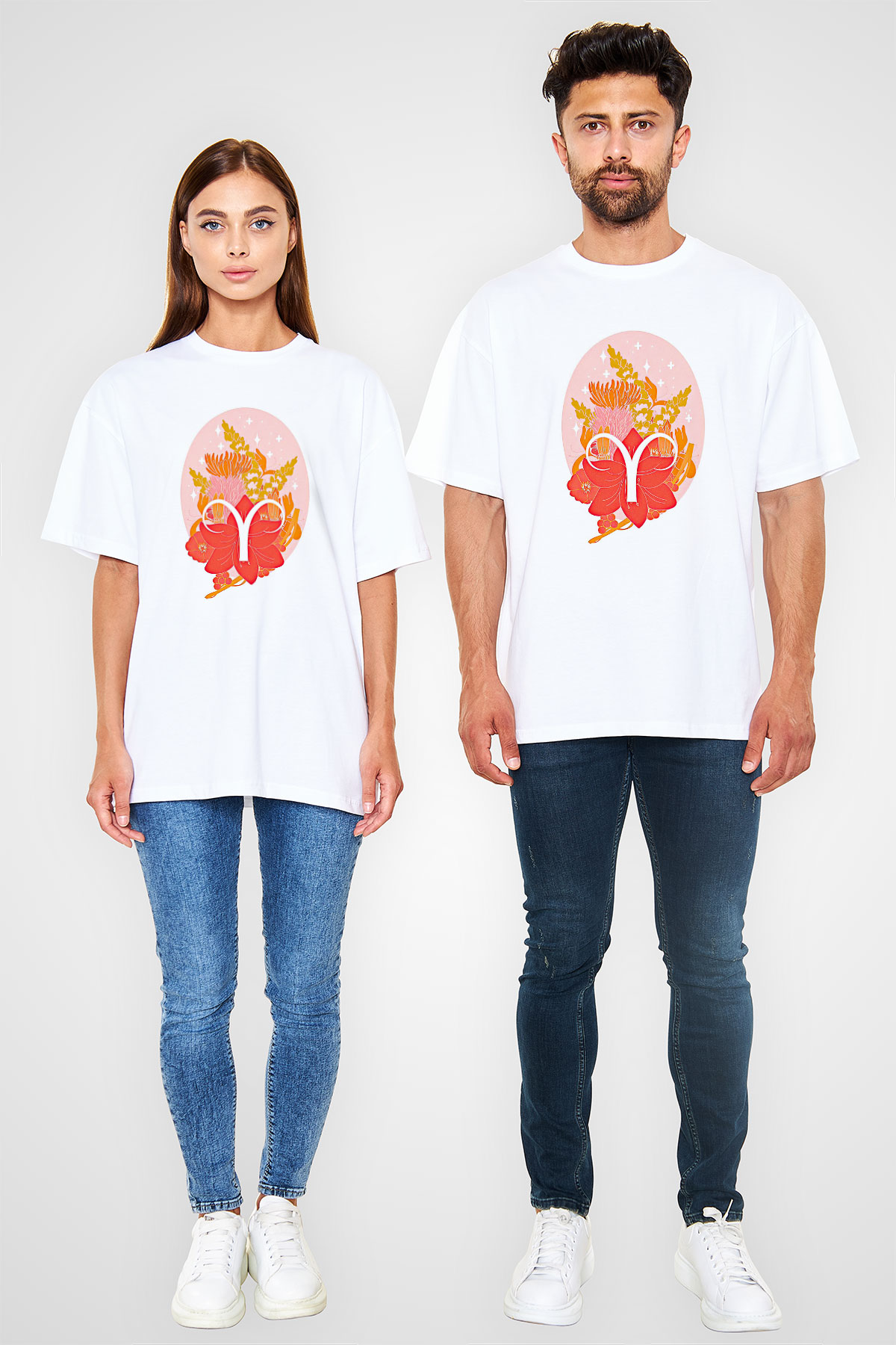 Koç Burcu Baskılı Unisex Siyah Oversize Tişört - Tshirt