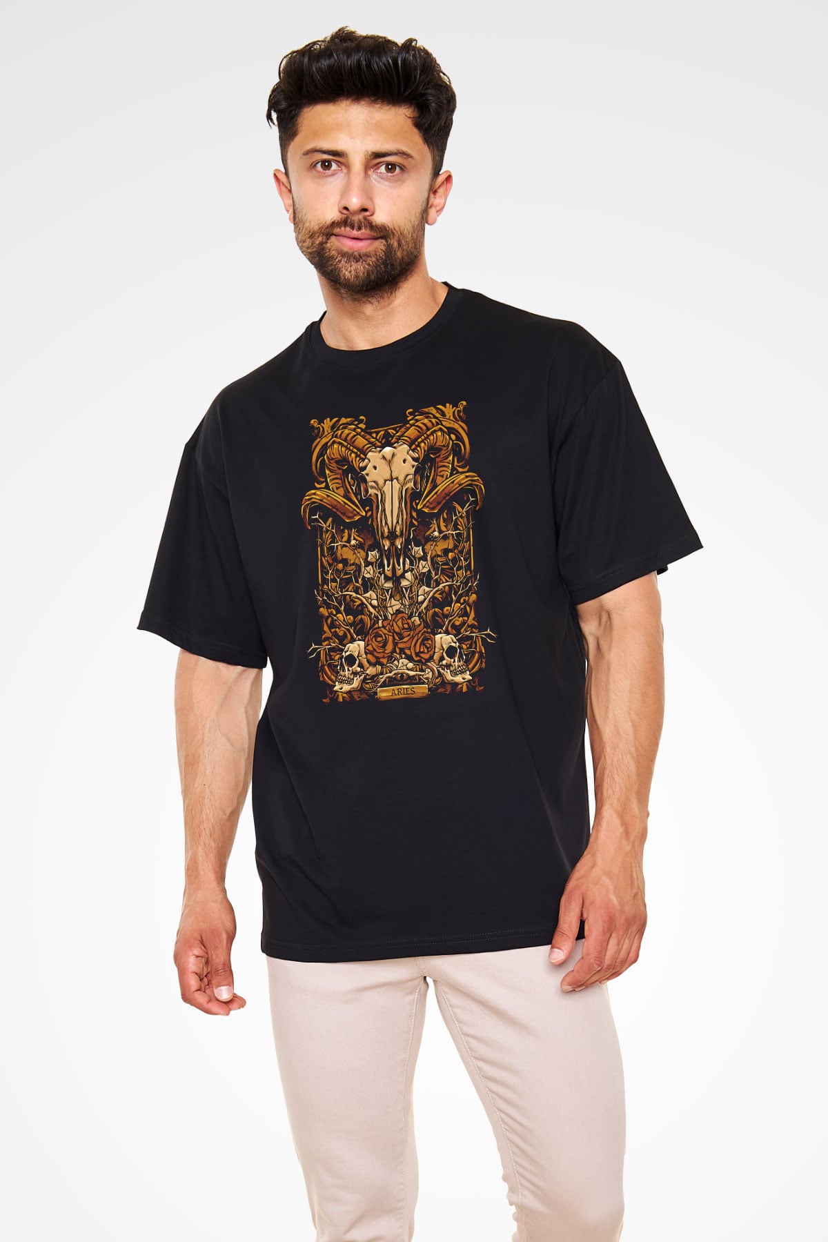 Koç Burcu Baskılı Unisex Siyah Oversize Tişört - Tshirt