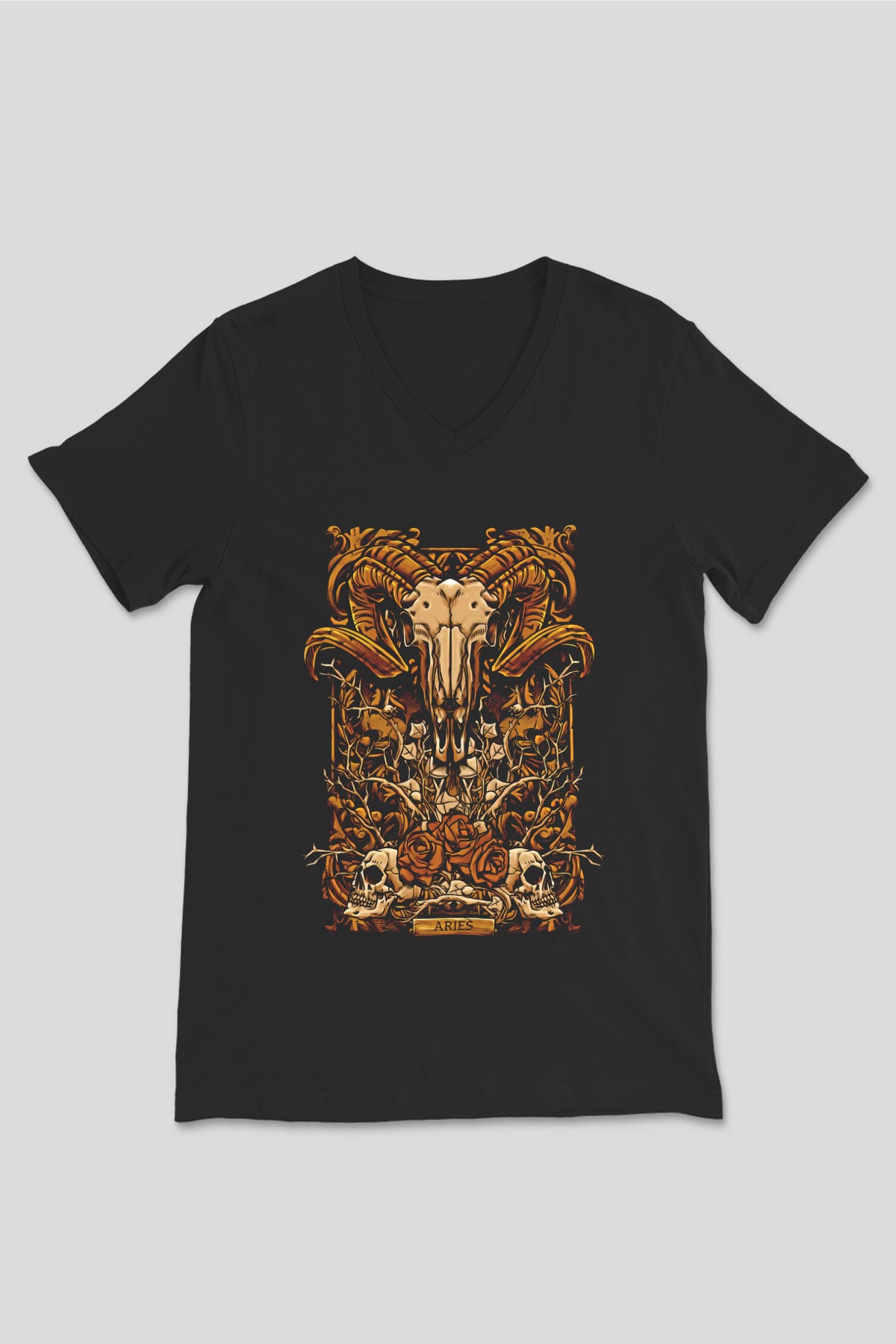 Koç Burcu Baskılı Unisex Siyah V Yaka Tişört - Tshirt