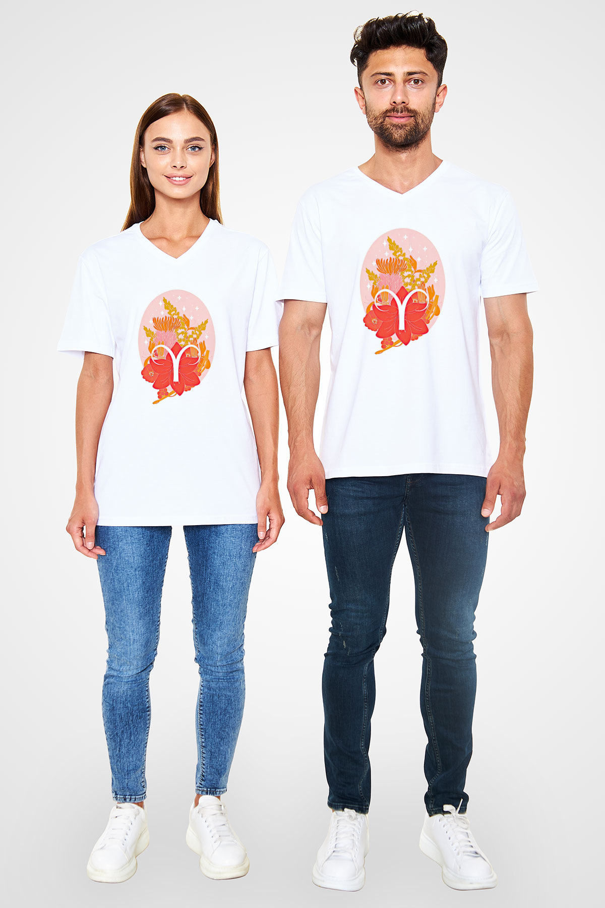 Koç Burcu Baskılı Unisex Siyah V Yaka Tişört - Tshirt