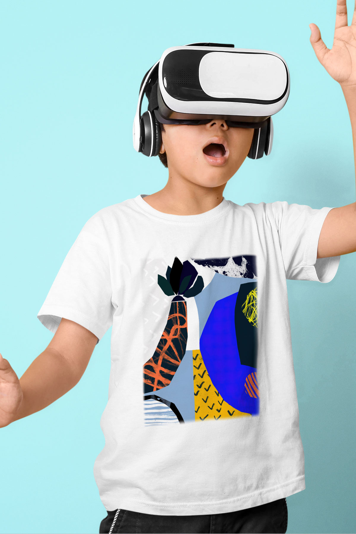 Kolaj Baskılı Beyaz Unisex Çocuk Tişört