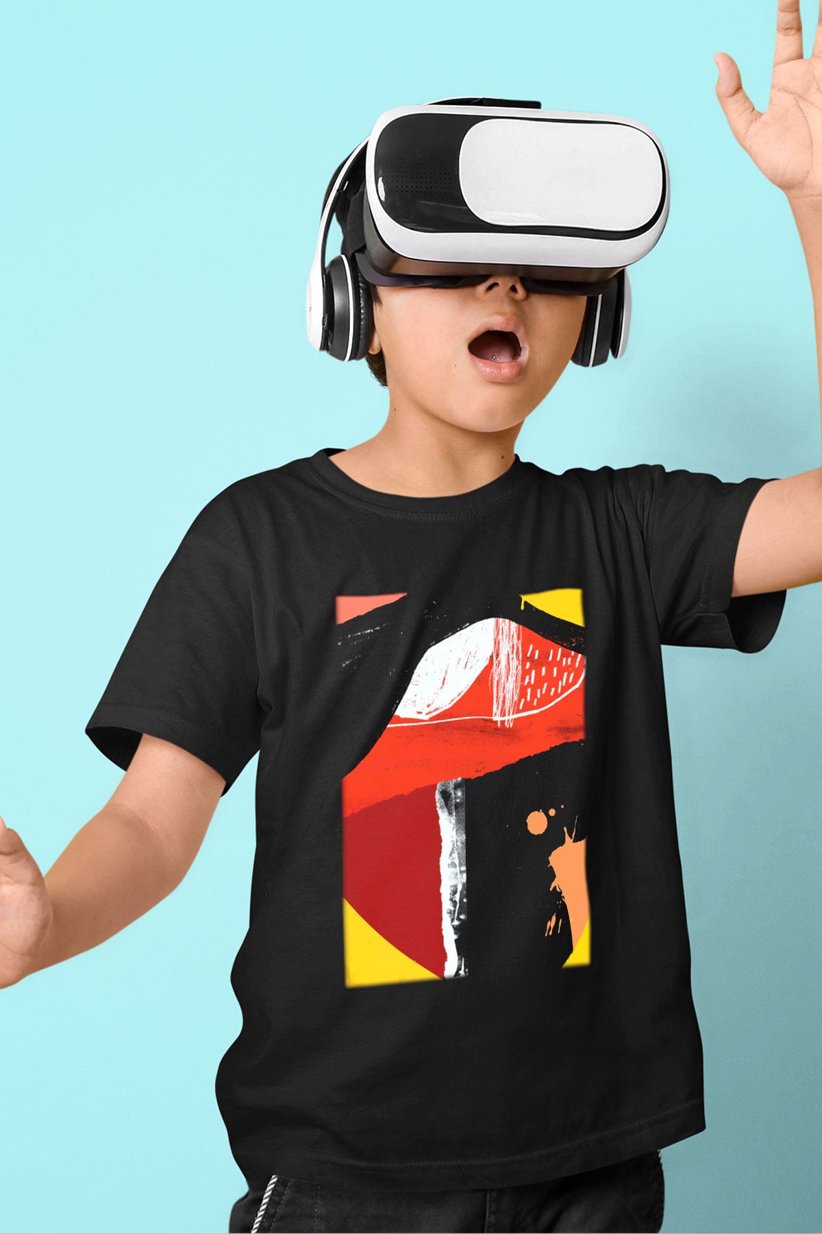 Kolaj Baskılı Siyah Unisex Çocuk Tişört