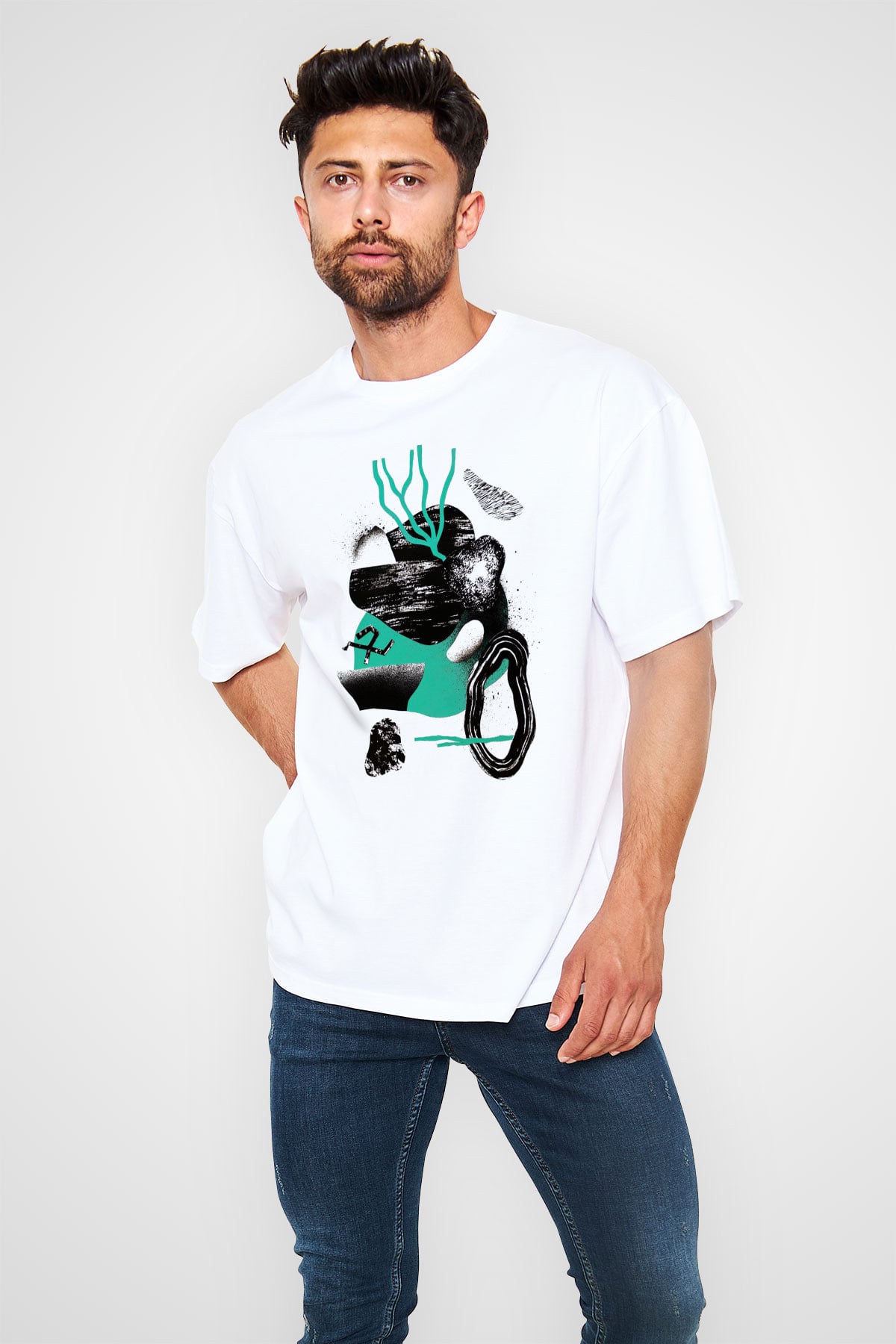 Kolaj Beyaz Unisex Oversize Tişört T-Shirt