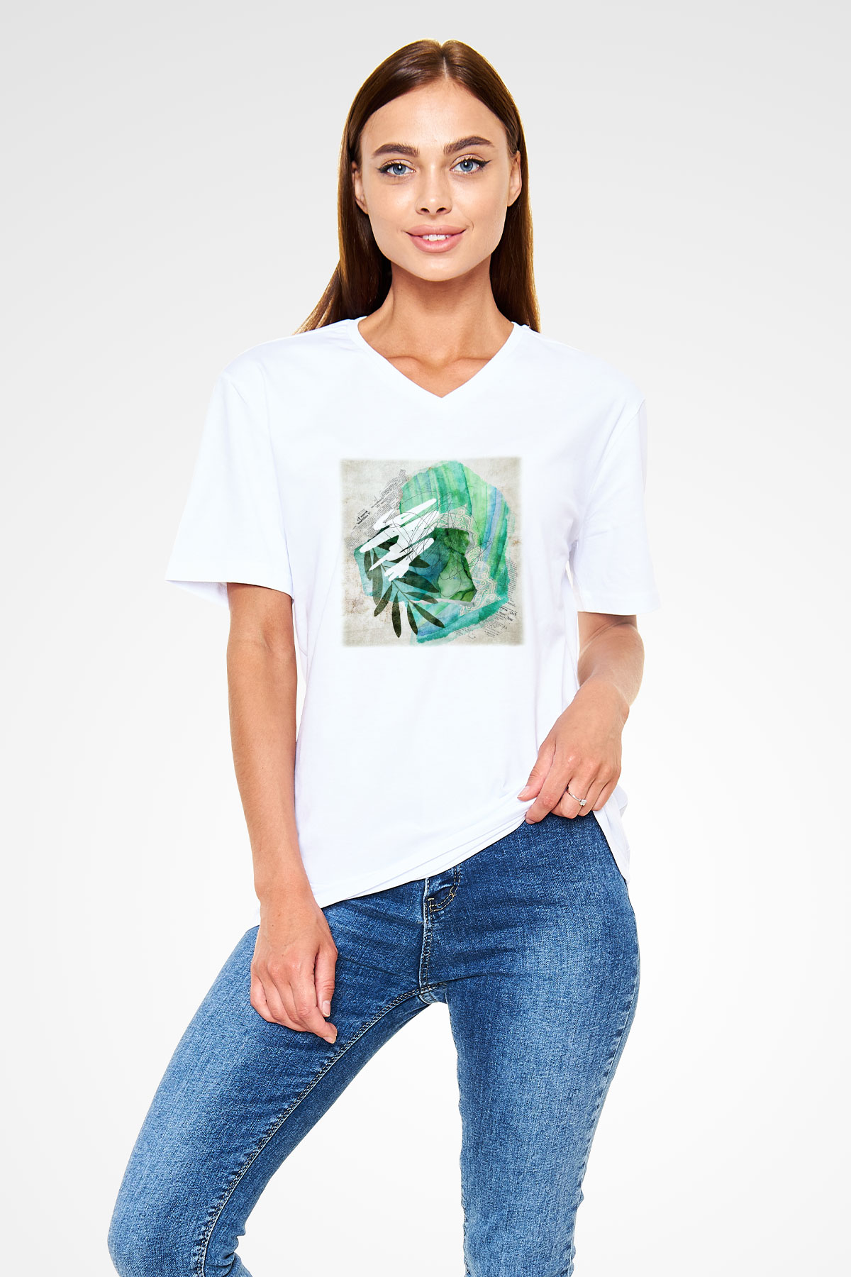Kolaj Beyaz Unisex V Yaka Tişört T-Shirt