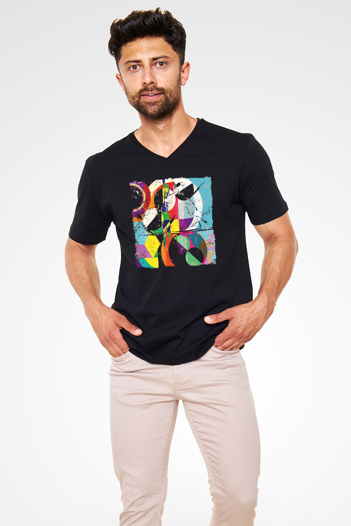 Kolaj Siyah Unisex V Yaka Tişört