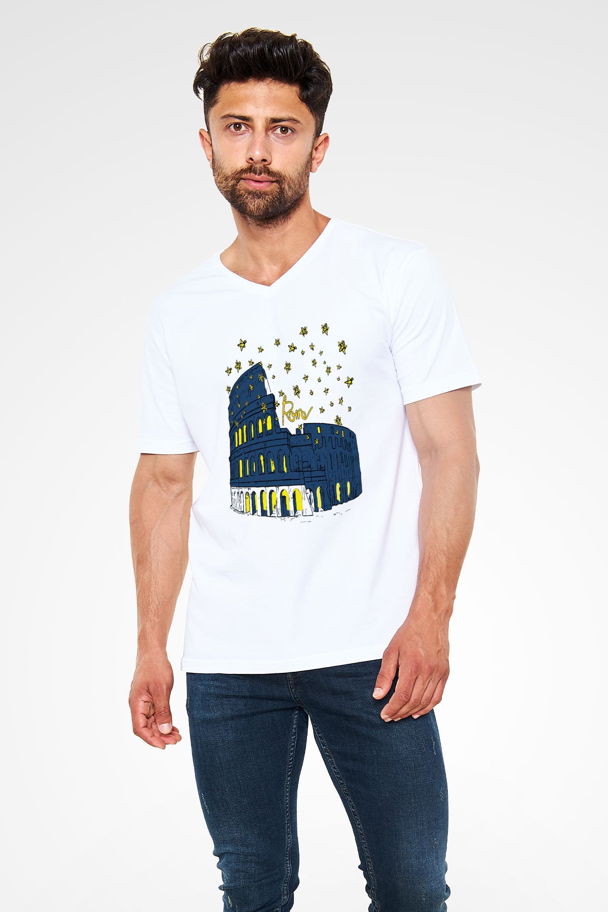 Kolezyum Beyaz Unisex V Yaka Tişört