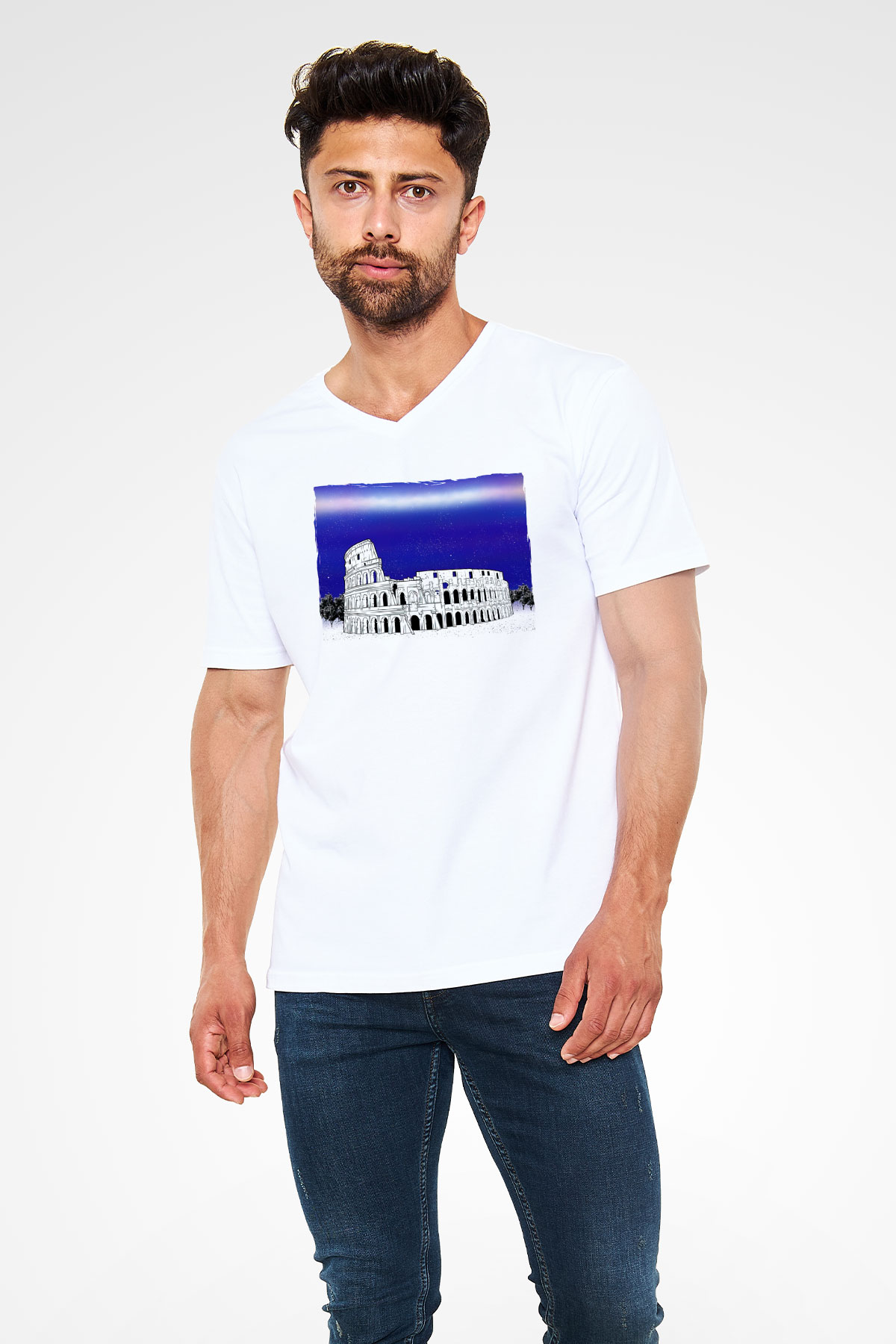 Kolezyum Beyaz Unisex V Yaka Tişört