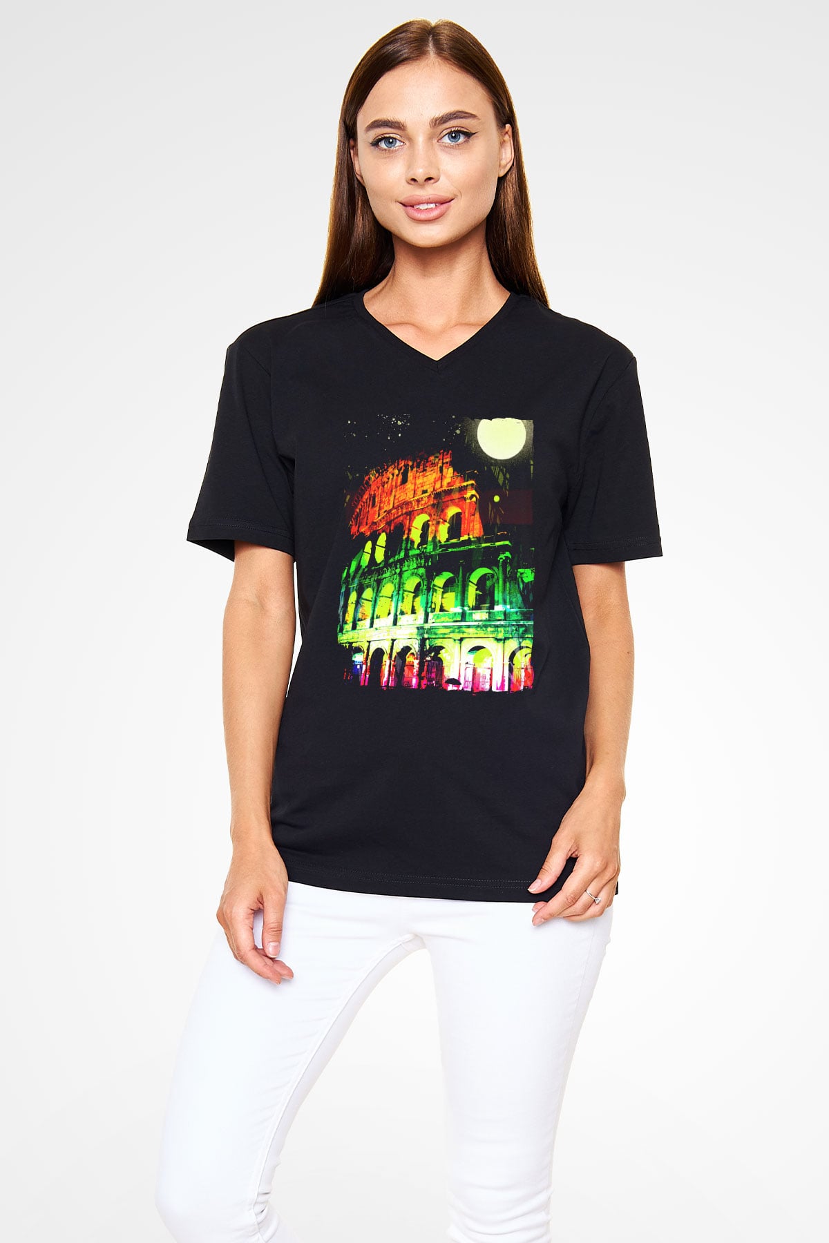 Kolezyum Siyah Unisex V Yaka Tişört