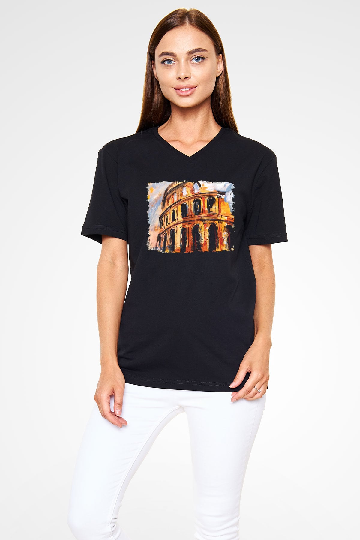 Kolezyum Siyah Unisex V Yaka Tişört T-Shirt