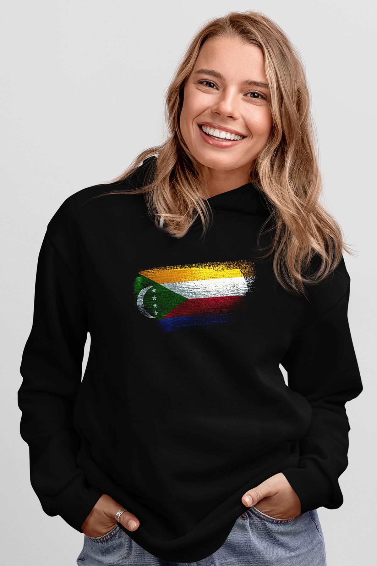 Komorlar - Comoros Bayrağı Baskılı Unisex Siyah Kapüşonlu Sweatshirt