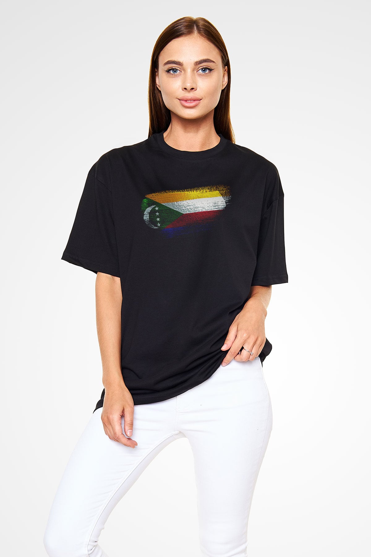 Komorlar - Comoros Bayrağı Baskılı Unisex Siyah Oversize Tişört