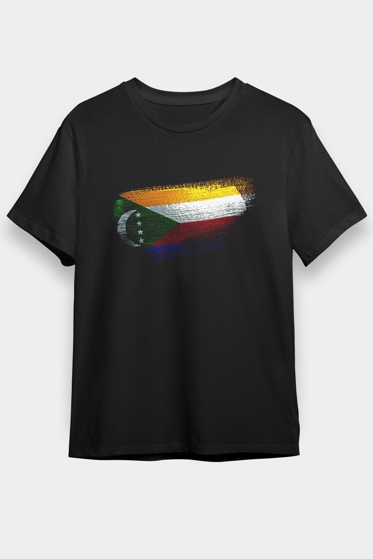 Komorlar - Comoros Bayrağı Baskılı Unisex Siyah Tişört