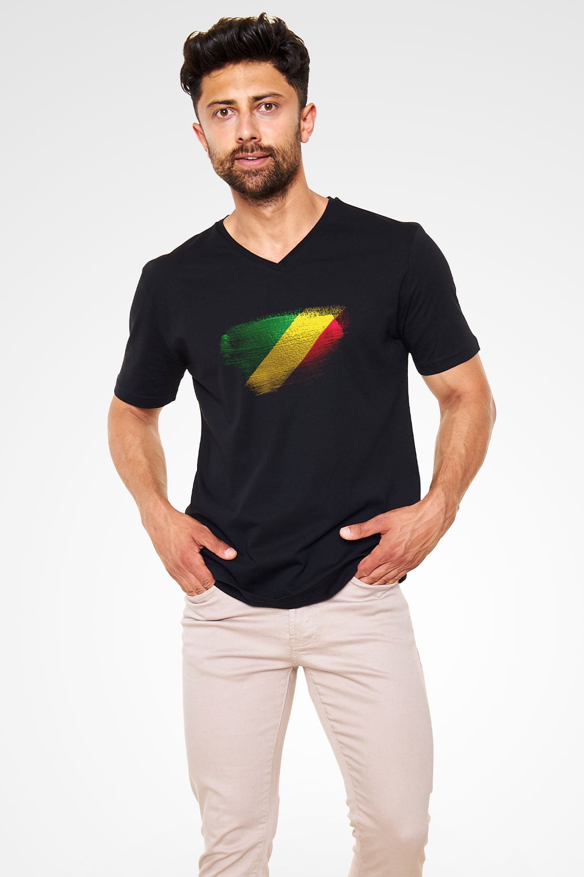 Kongo - Republic Congo Bayrağı Baskılı Unisex Siyah V Yaka Tişört