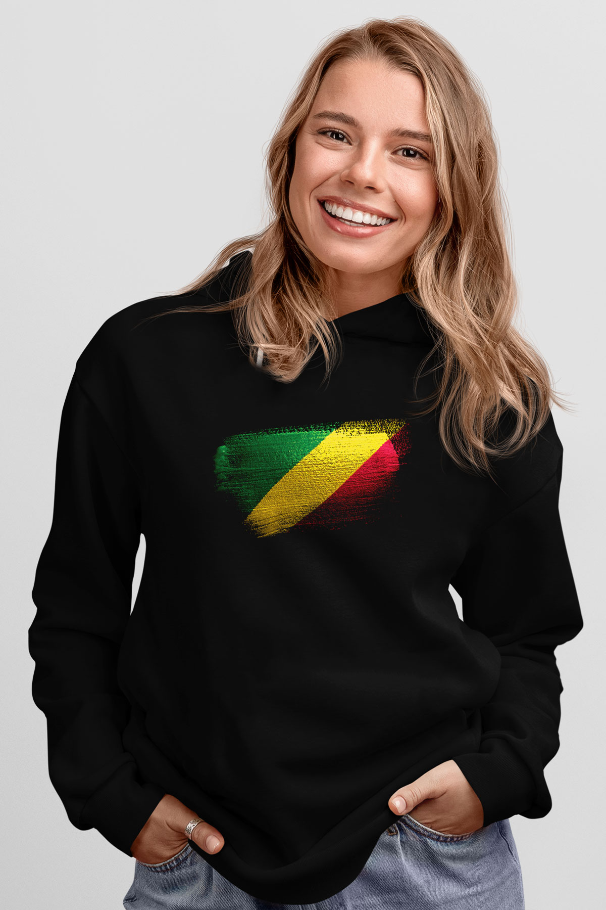 Kongo - Republic Congo Bayrağı Baskılı Unisex Siyah Kapüşonlu Sweatshirt