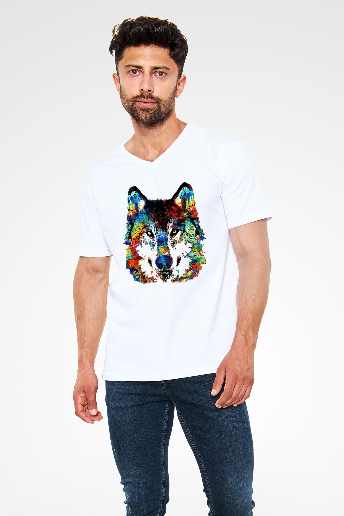 Köpek Beyaz Unisex V Yaka Tişört T-Shirt