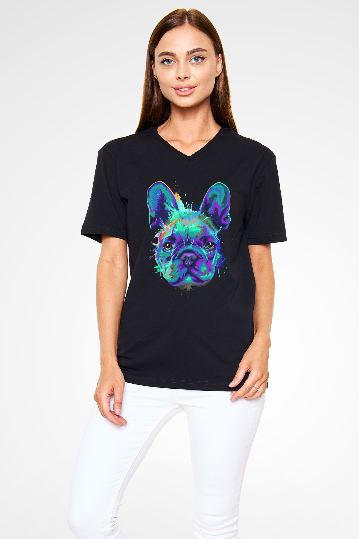 Köpek Siyah Unisex V Yaka Tişört