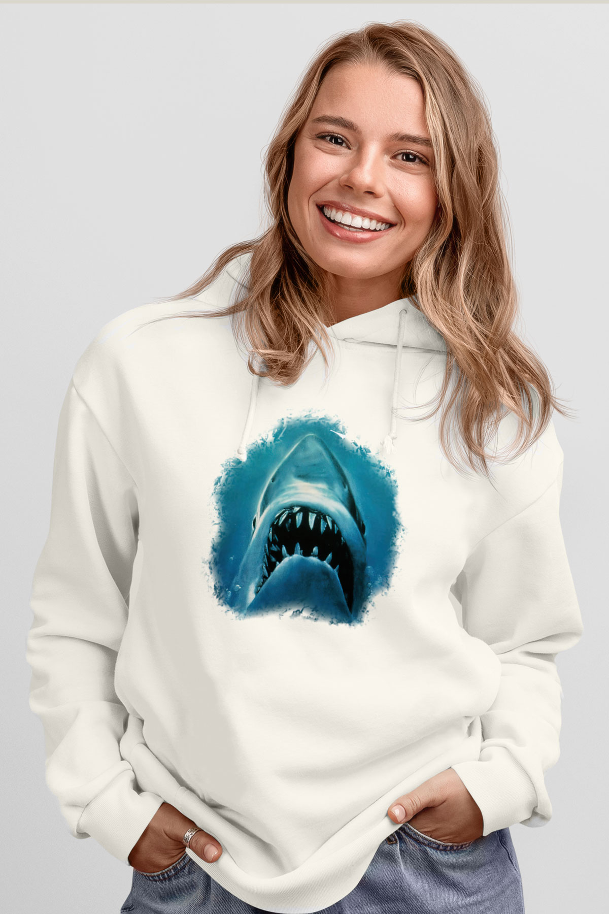 Köpekbalığı Beyaz Unisex Kapşonlu Sweatshirt