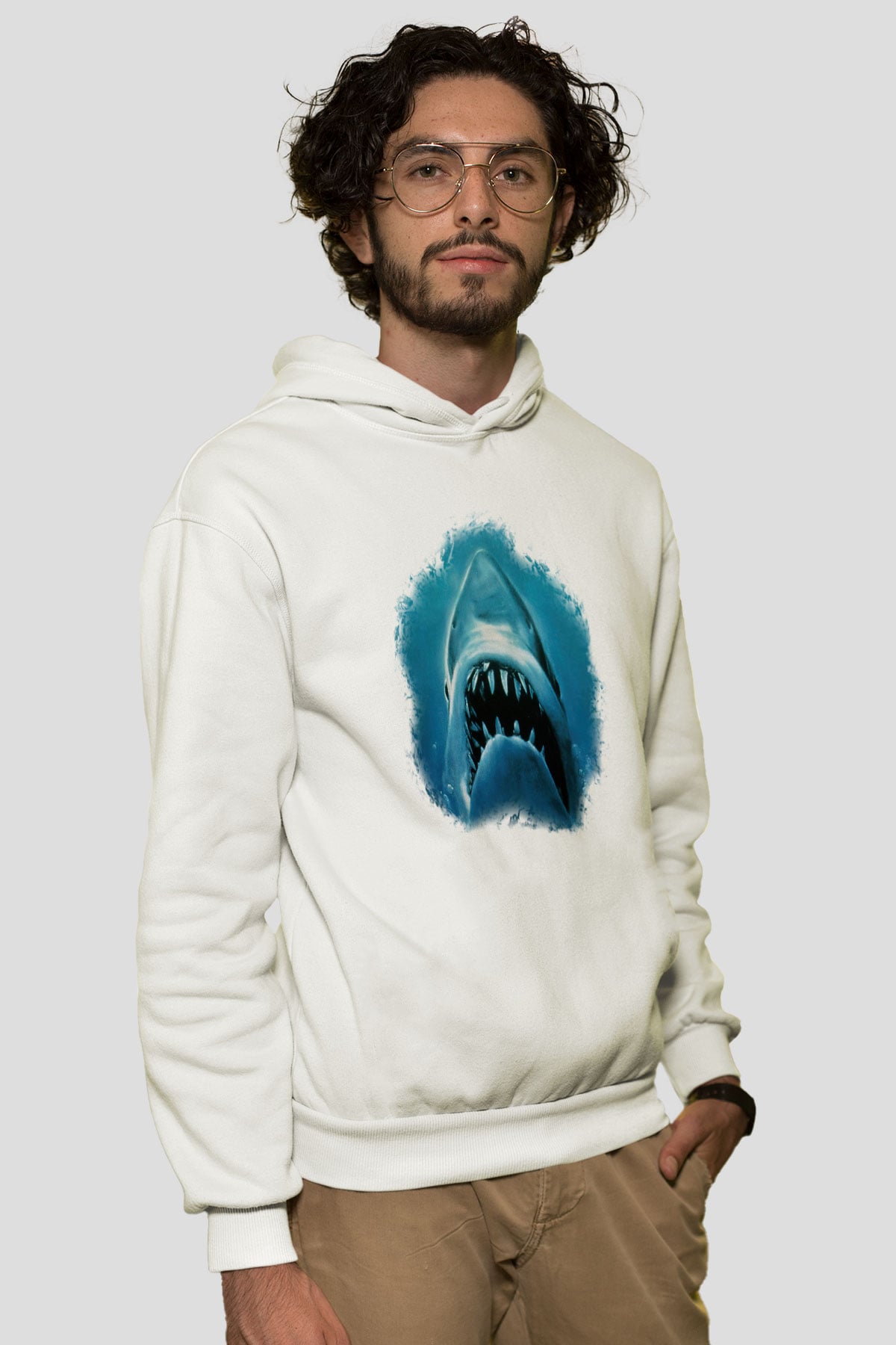 Köpekbalığı Beyaz Unisex Kapşonlu Sweatshirt