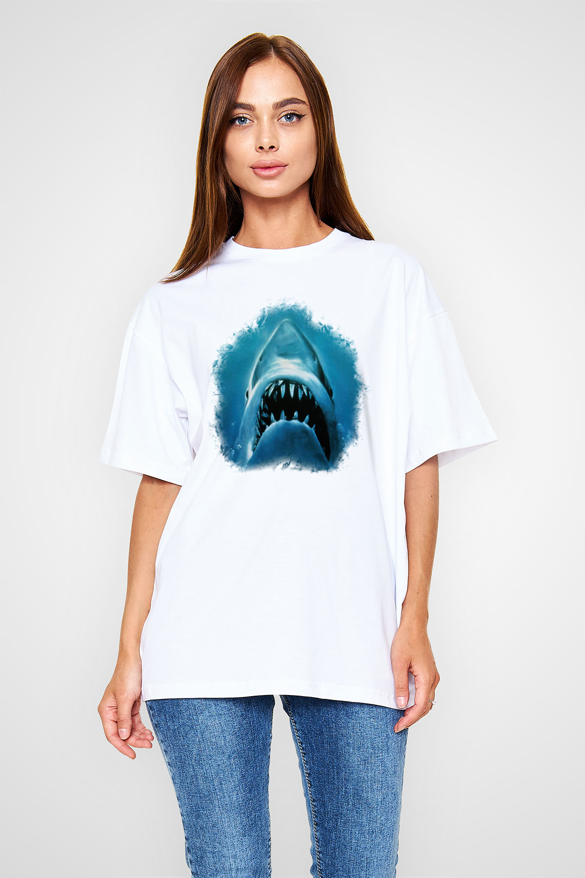 Köpekbalığı Beyaz Unisex Oversize Tişört T-Shirt