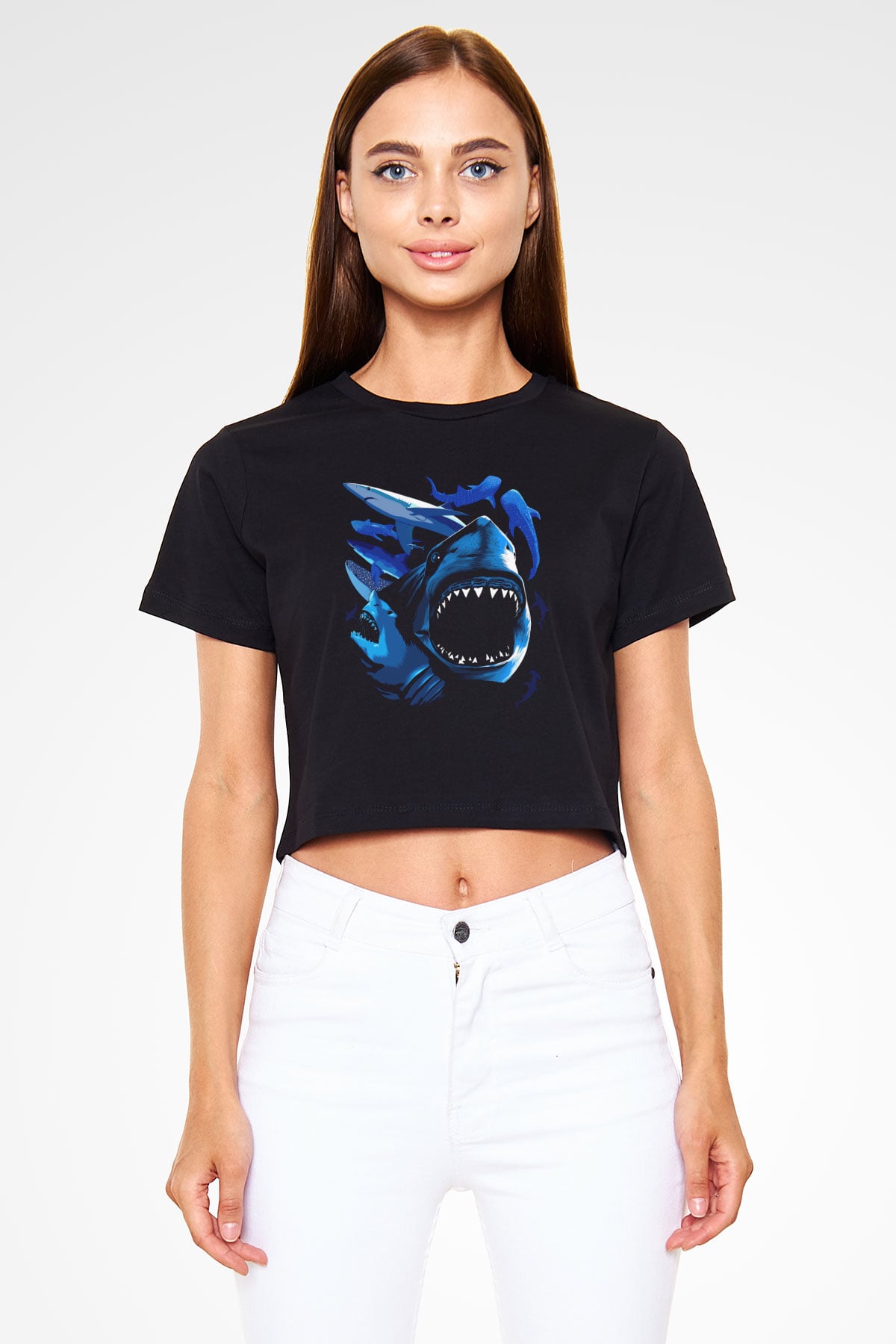 Köpekbalığı Siyah  Crop Top Tişört