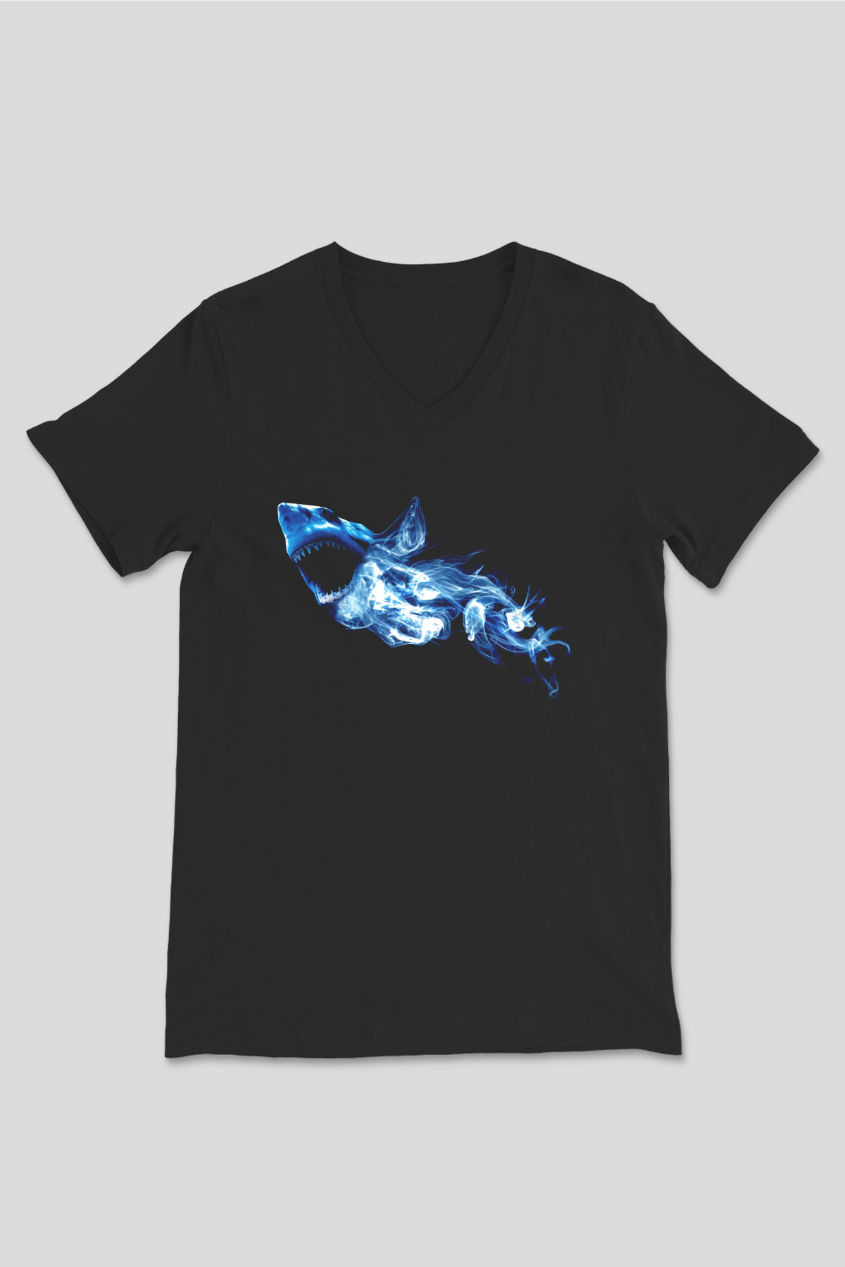 Köpekbalığı Siyah Unisex V Yaka Tişört T-Shirt