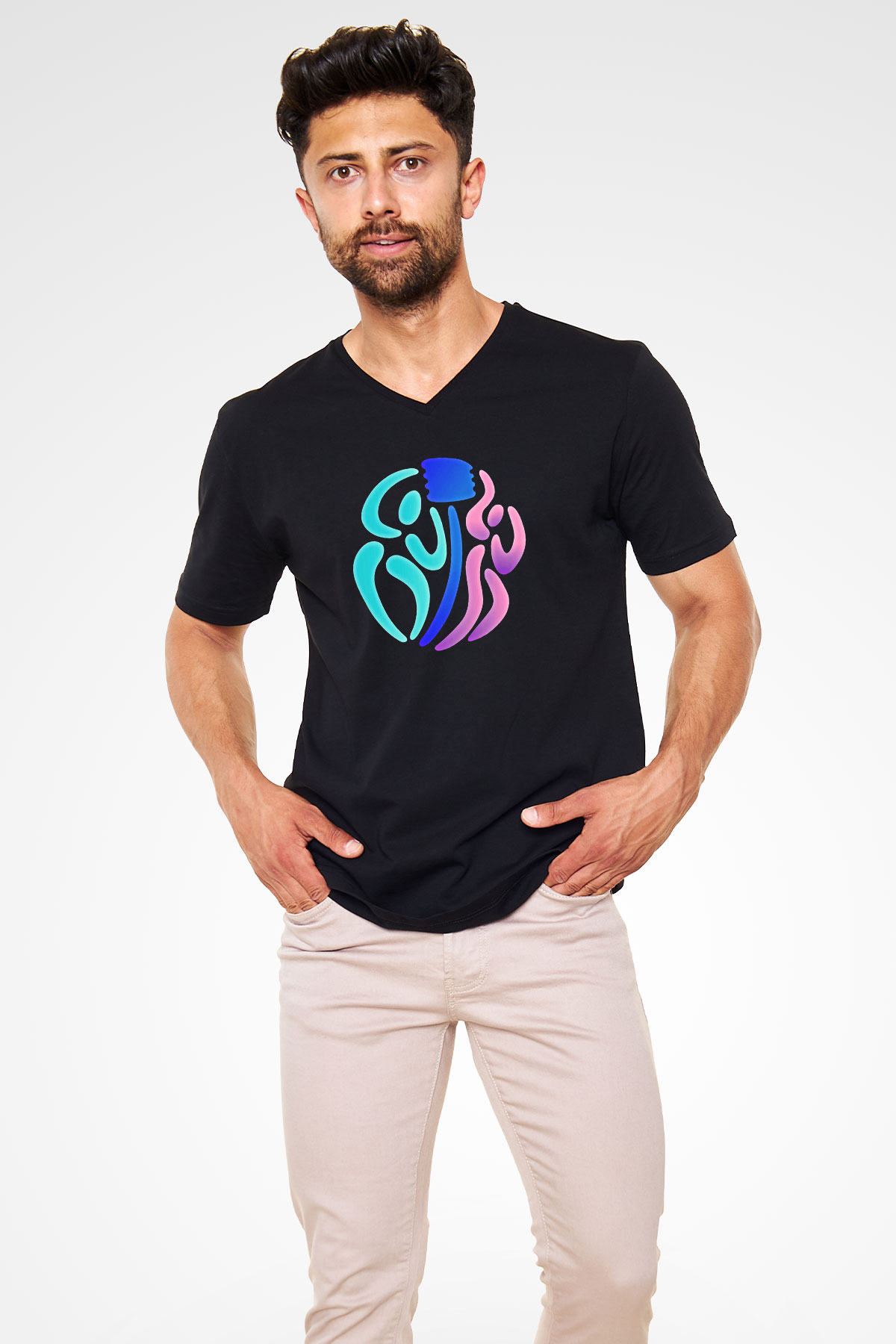 Korfbol Baskılı Unisex Siyah V Yaka Tişört