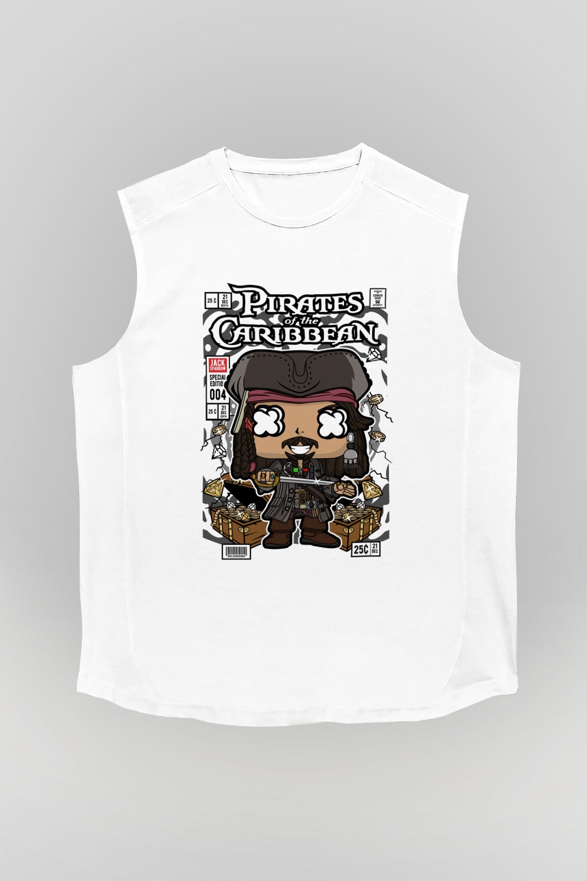 Korsan Jack Baskılı Unisex Beyaz Kolsuz Tişört