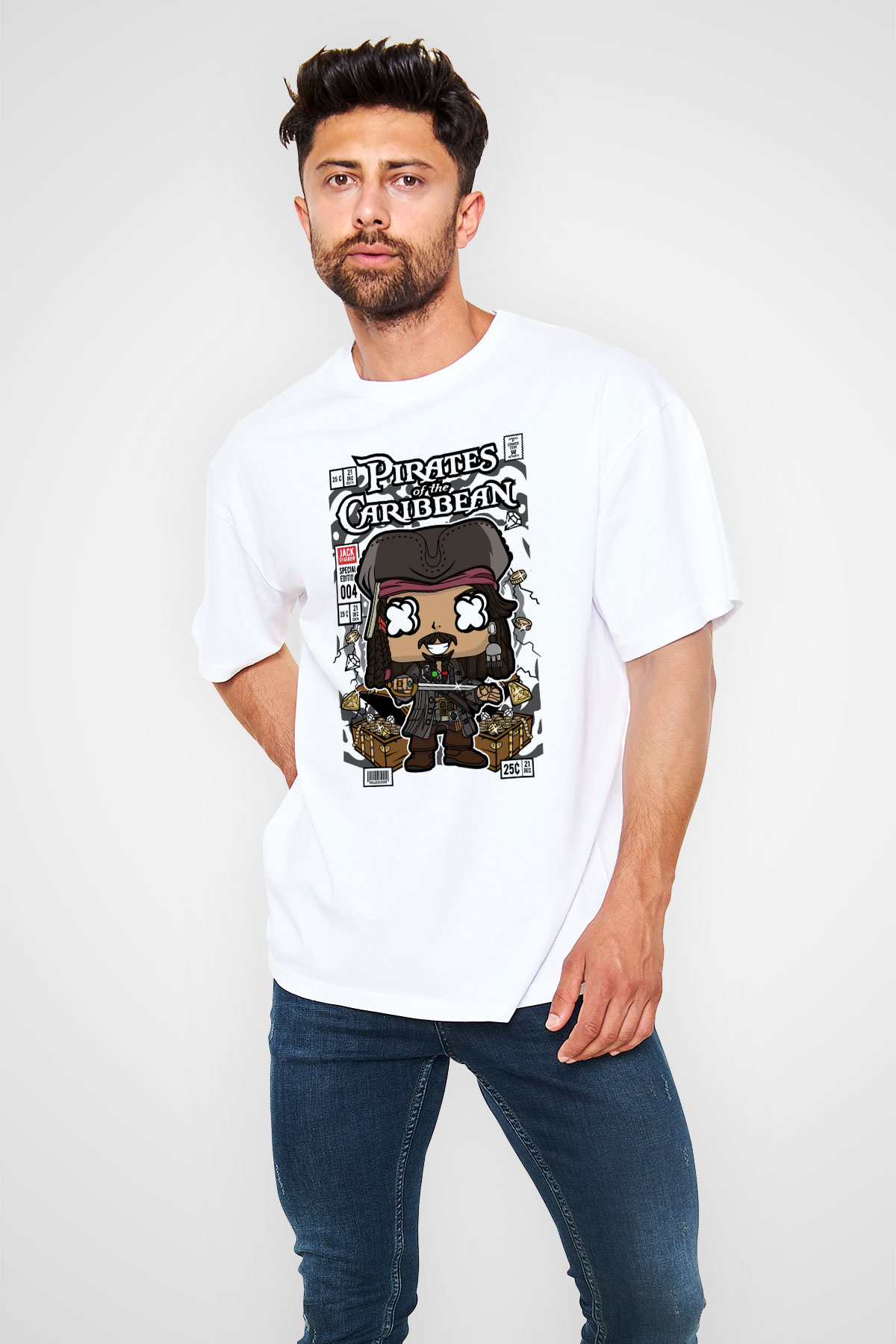 Korsan Jack Baskılı Unisex Beyaz Oversize Tişört
