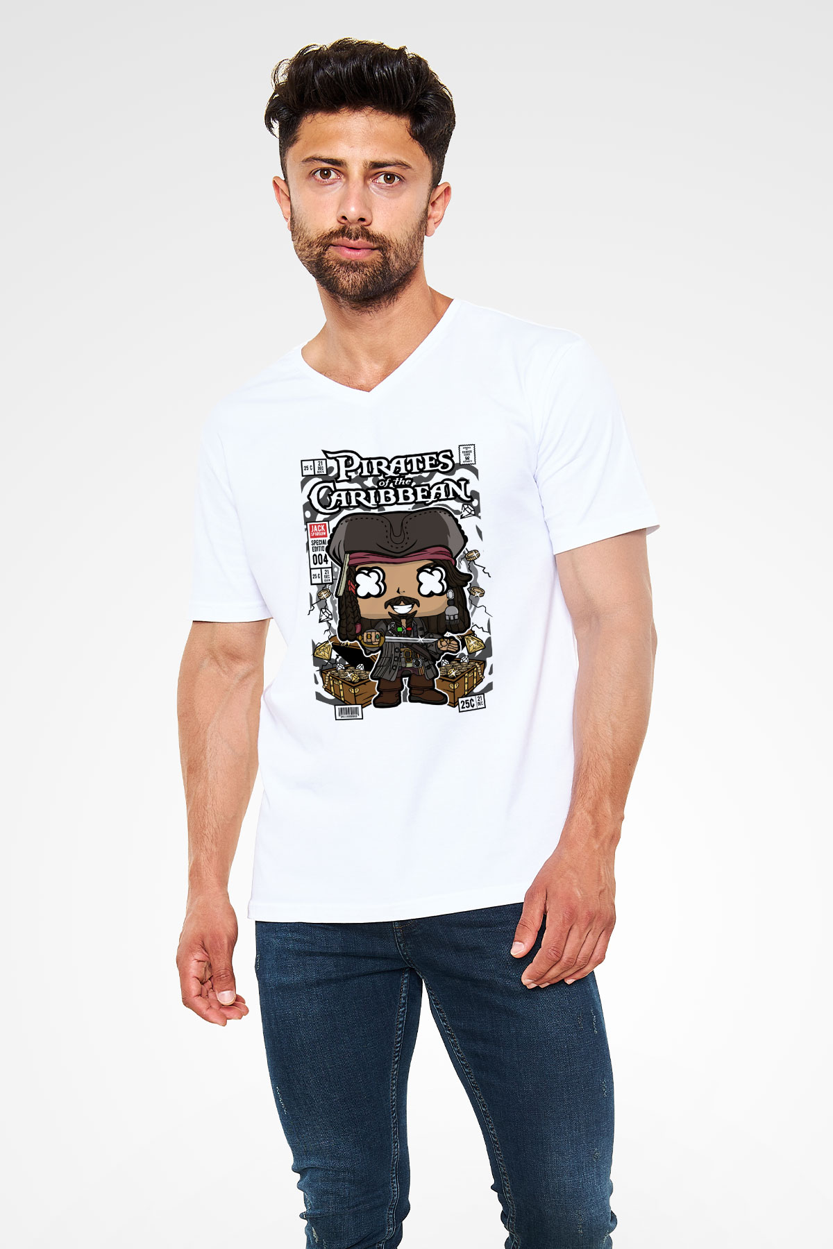 Korsan Jack Baskılı Unisex Beyaz V Yaka Tişört