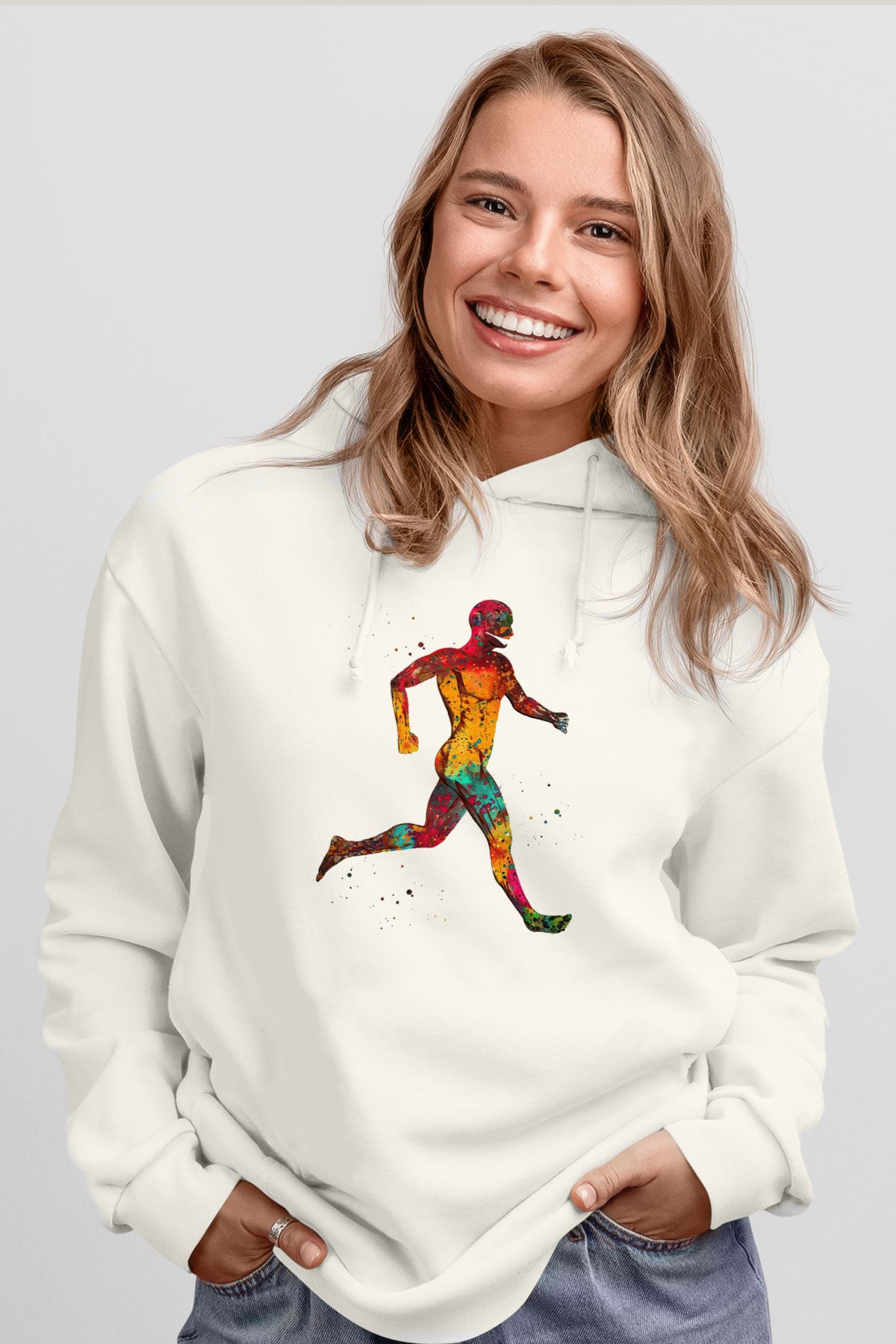 Koşan Kaslı Adam Baskılı Unisex Ekru Hoodie