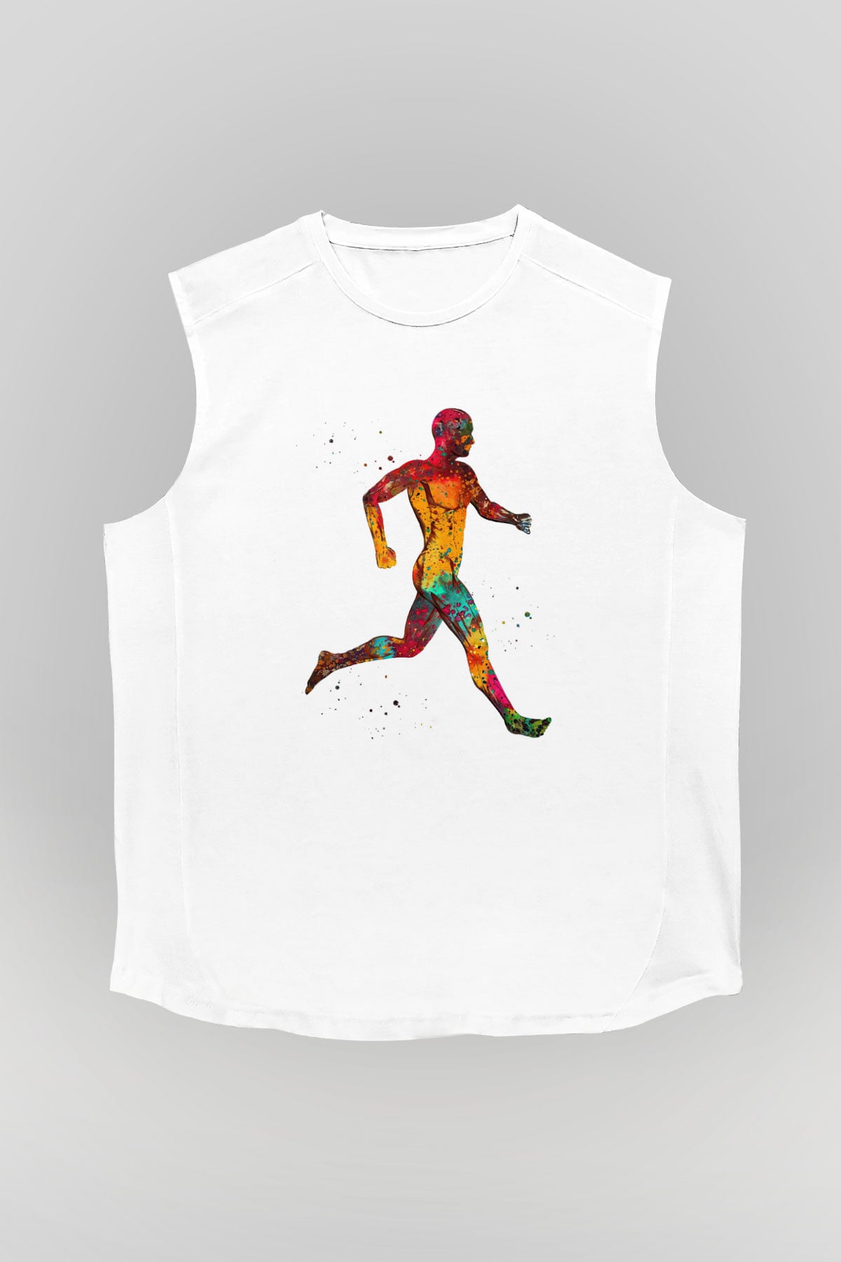 Koşan Kaslı Adam Baskılı Unisex Kolsuz Beyaz Tişört - Tshirt