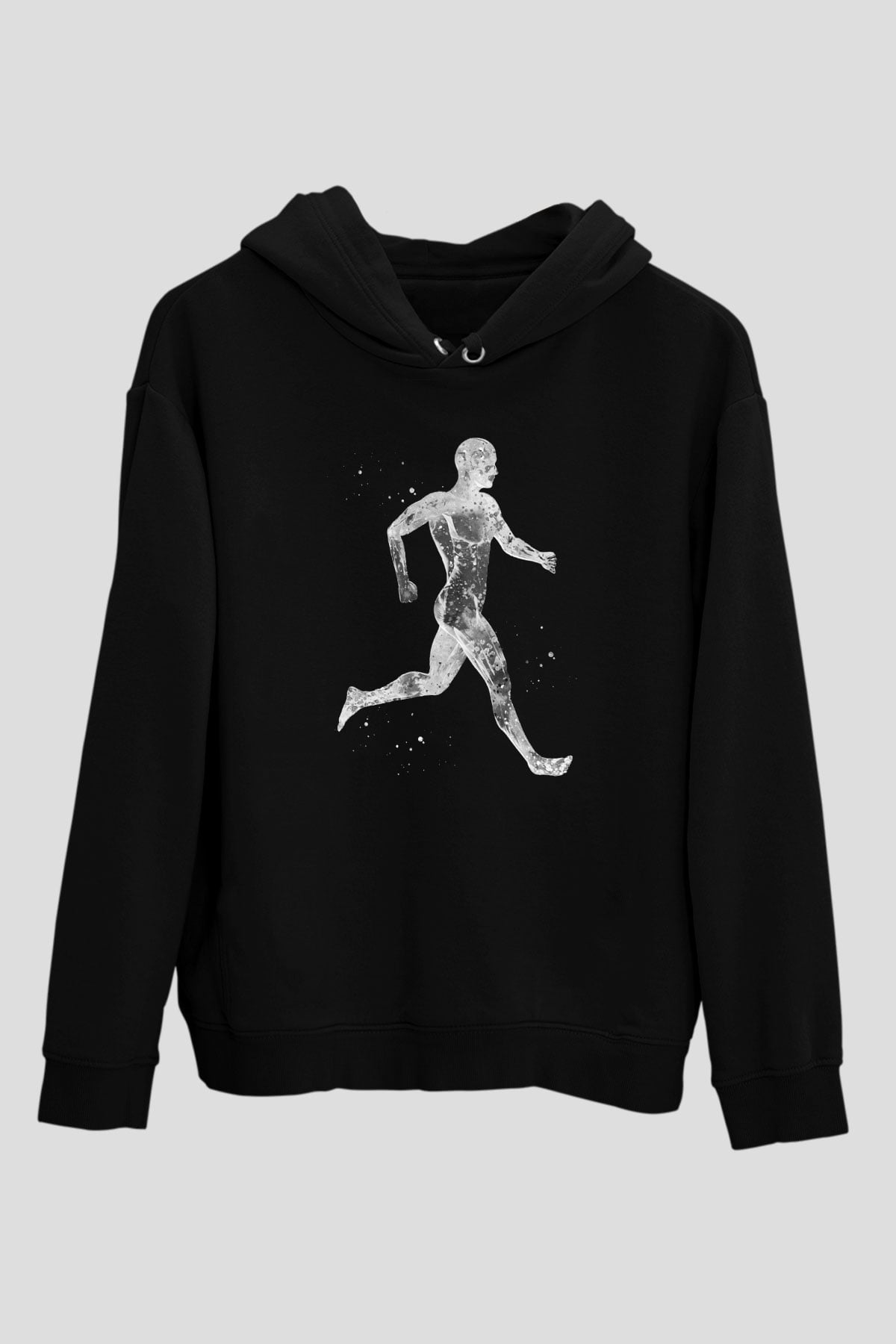 Koşan Kaslı Adam Baskılı Unisex Siyah Kapüşonlu Sweatshirt