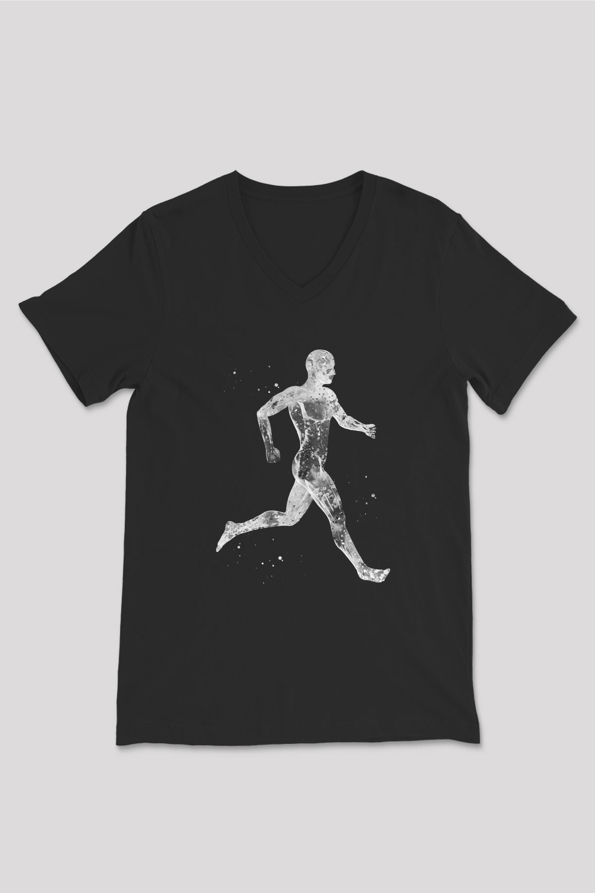 Koşan Kaslı Adam Baskılı Unisex V Yaka Siyah Tİşört - Tshirt