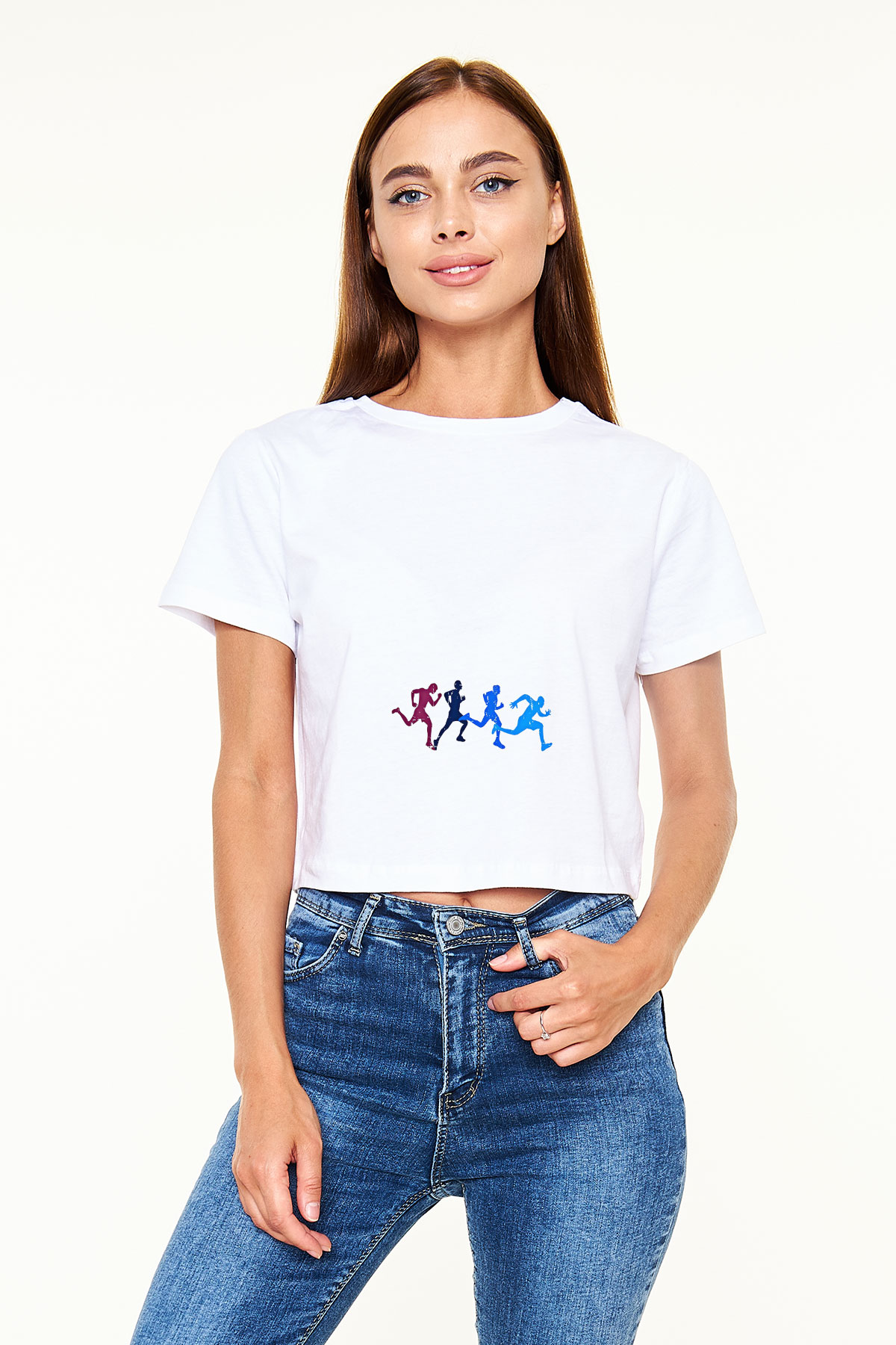 Koşu Baskılı Crop Top Beyaz Tişört - T-shirt