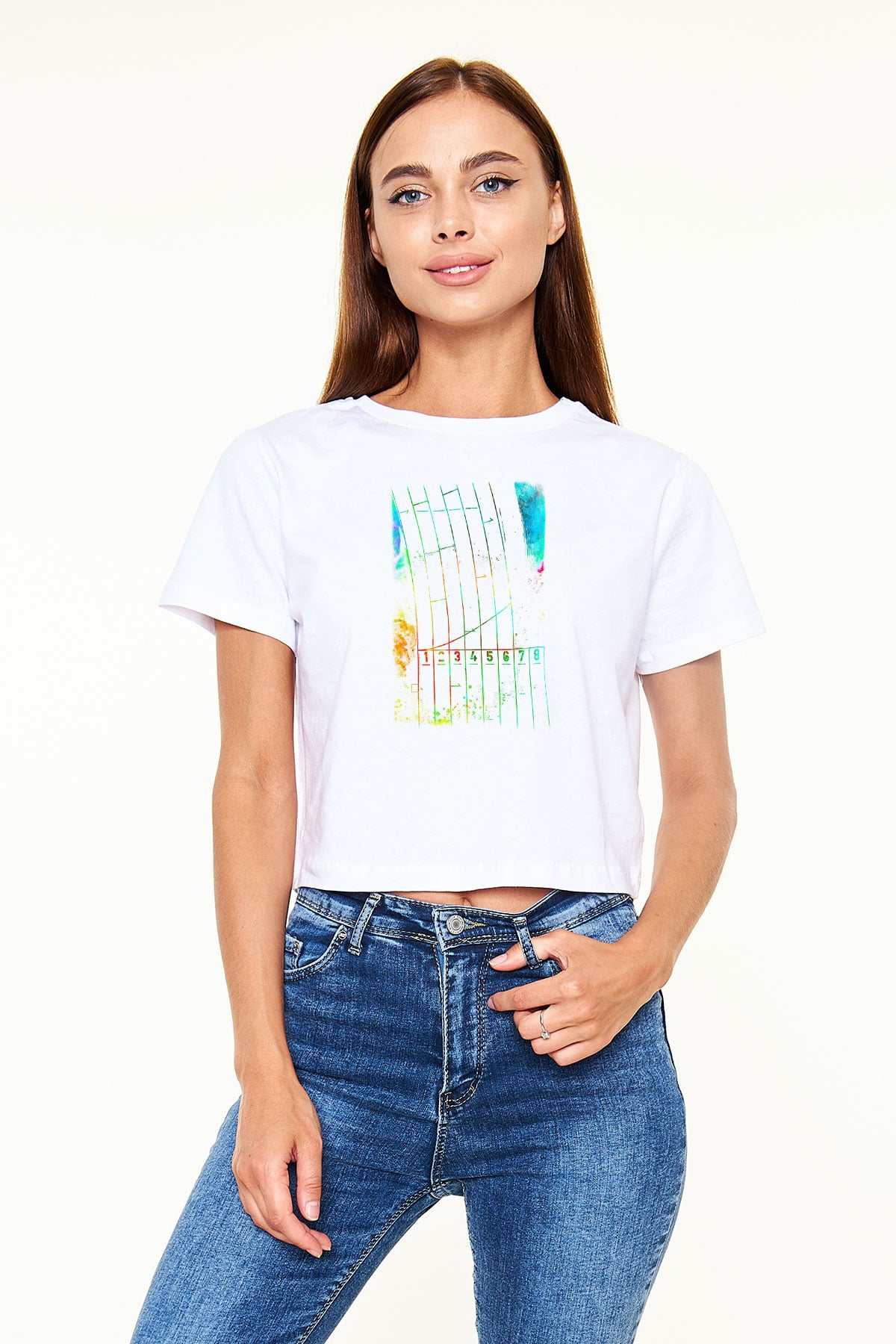 Koşu Baskılı Crop Top Beyaz Tişört - T-shirt
