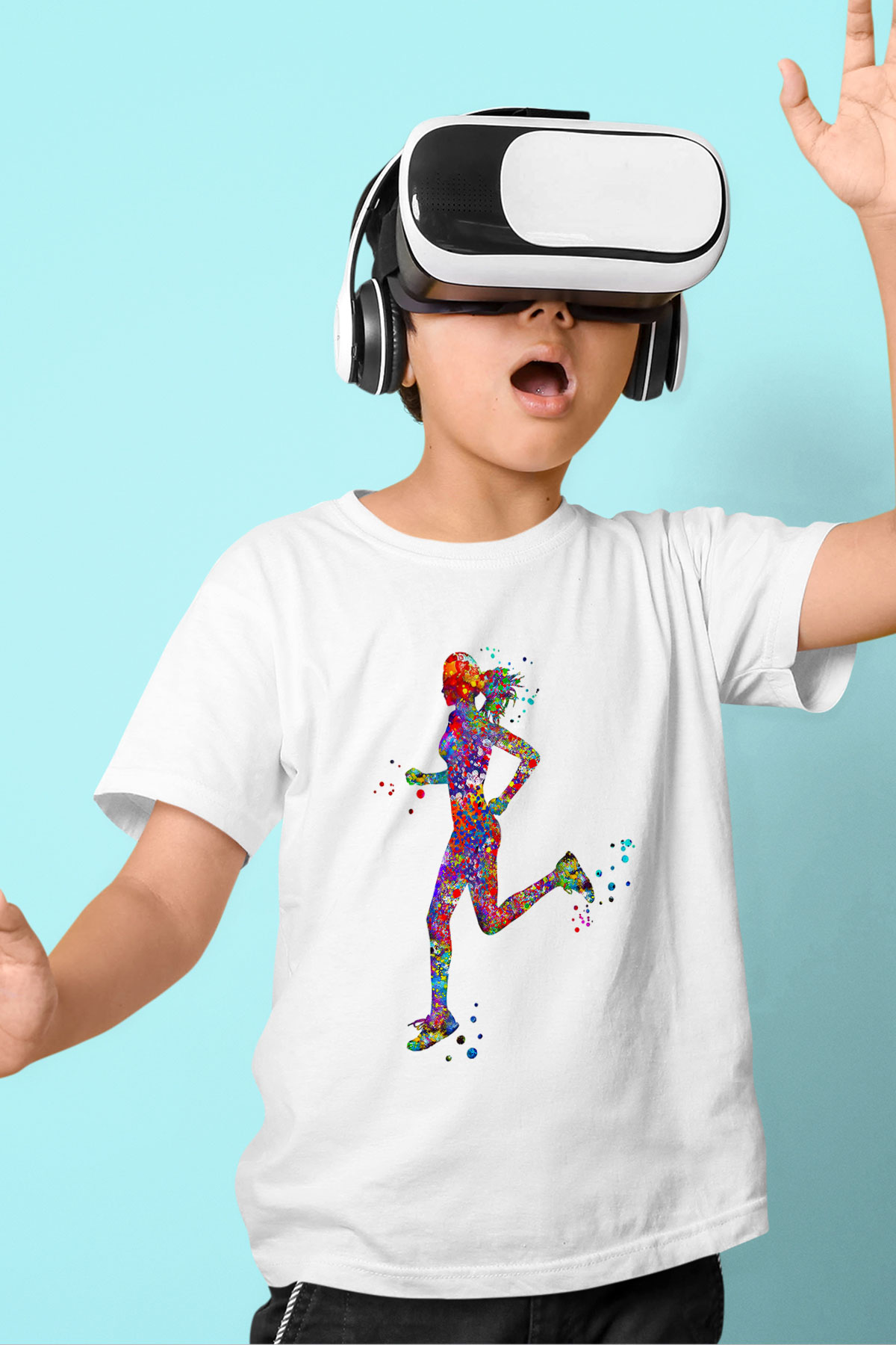 Koşu Baskılı Unisex Beyaz Çocuk Tişört - Tshirt