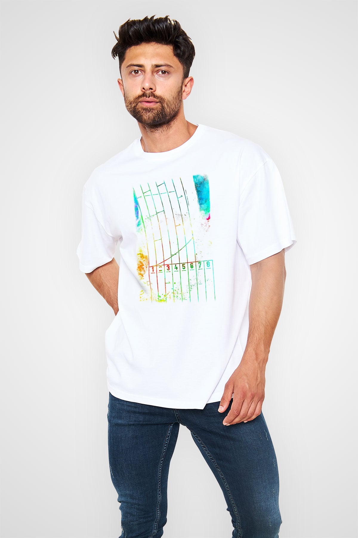 Koşu Baskılı Unisex Beyaz Oversize Tişört - Tshirt