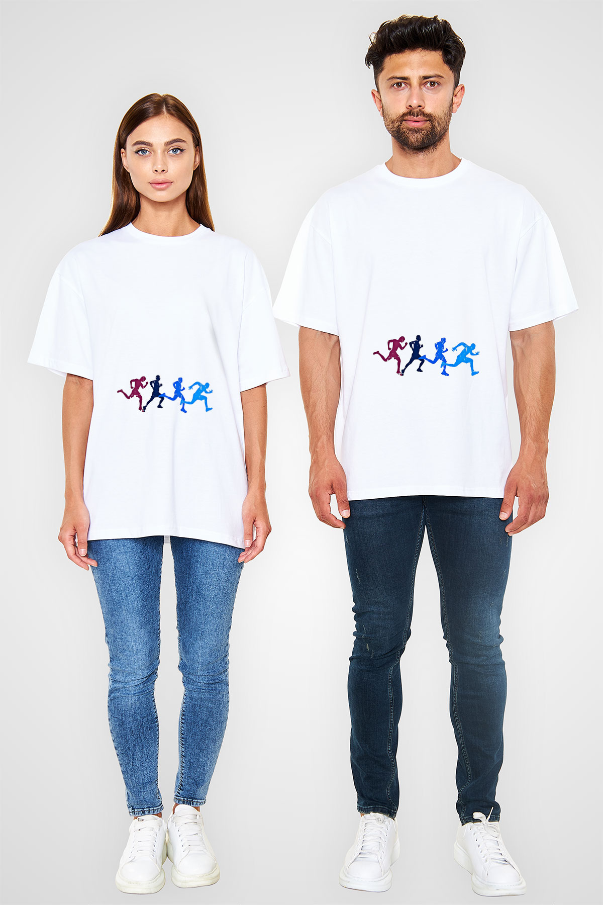 Koşu Baskılı Unisex Beyaz Oversize Tişört - Tshirt