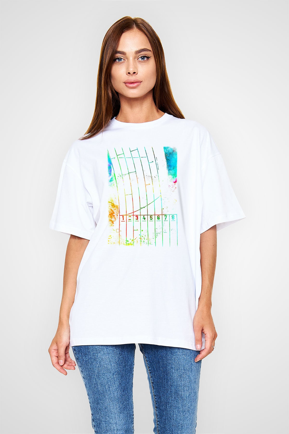 Koşu Baskılı Unisex Beyaz Oversize Tişört - Tshirt