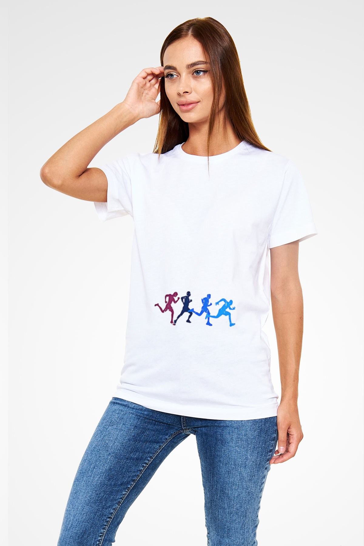 Koşu Baskılı Unisex Beyaz Tişört - Tshirt