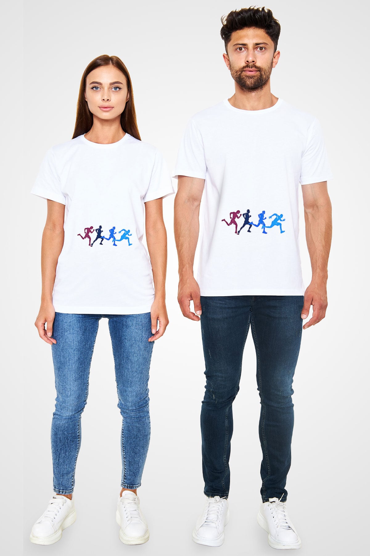 Koşu Baskılı Unisex Beyaz Tişört - Tshirt