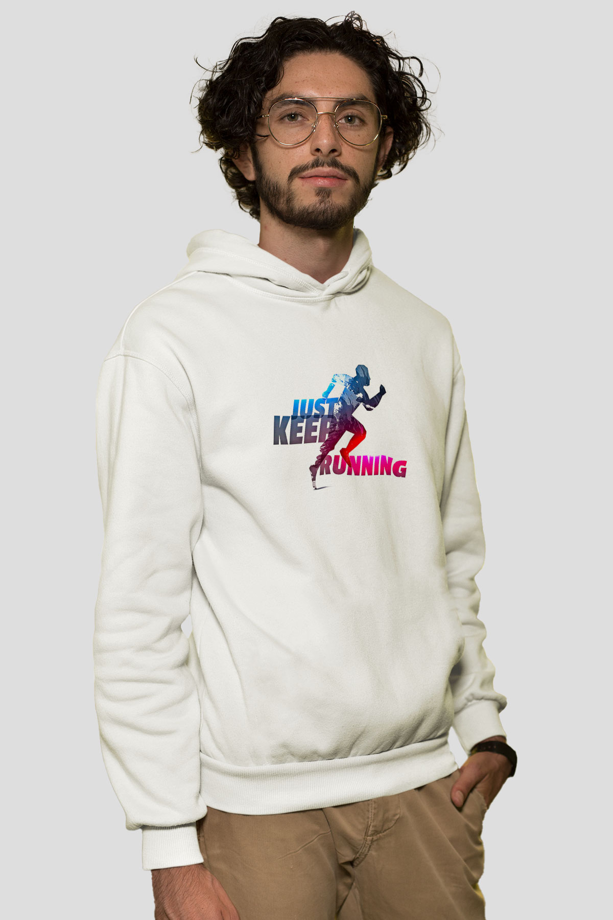 Koşu Baskılı Unisex Ekru Hoodie