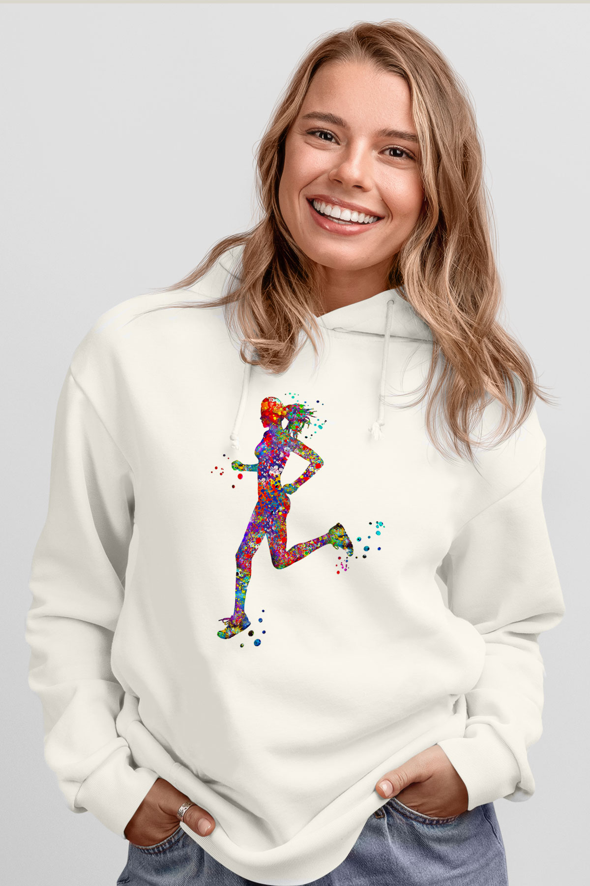 Koşu Baskılı Unisex Ekru Hoodie