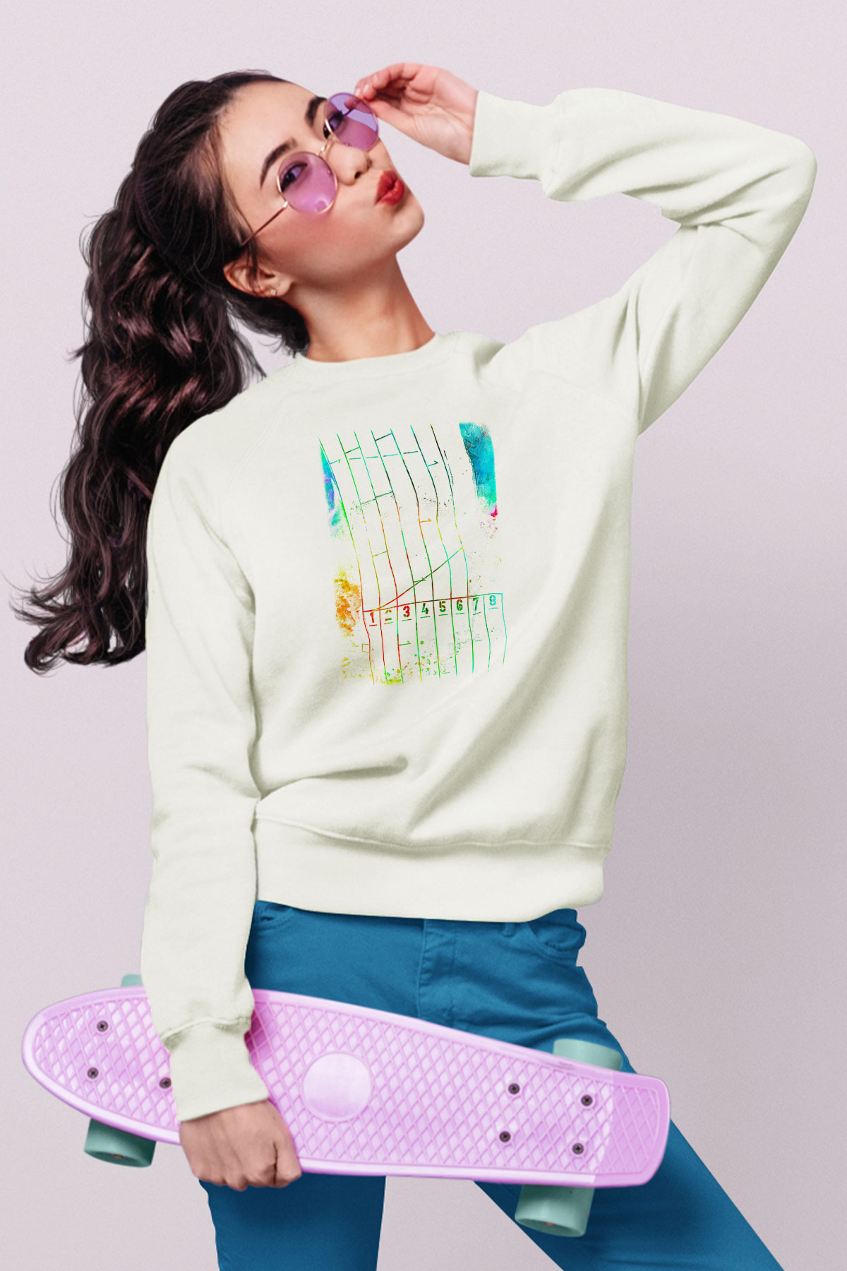 Koşu Baskılı Unisex Ekru Sweatshirt