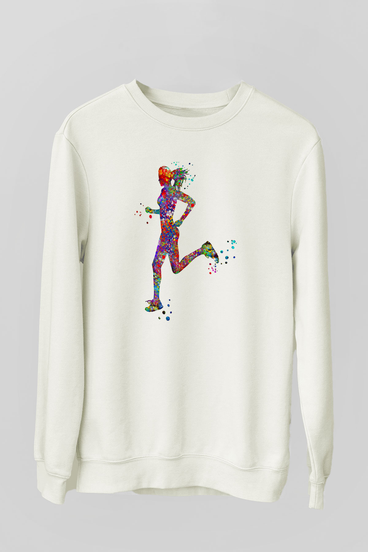 Koşu Baskılı Unisex Ekru Sweatshirt