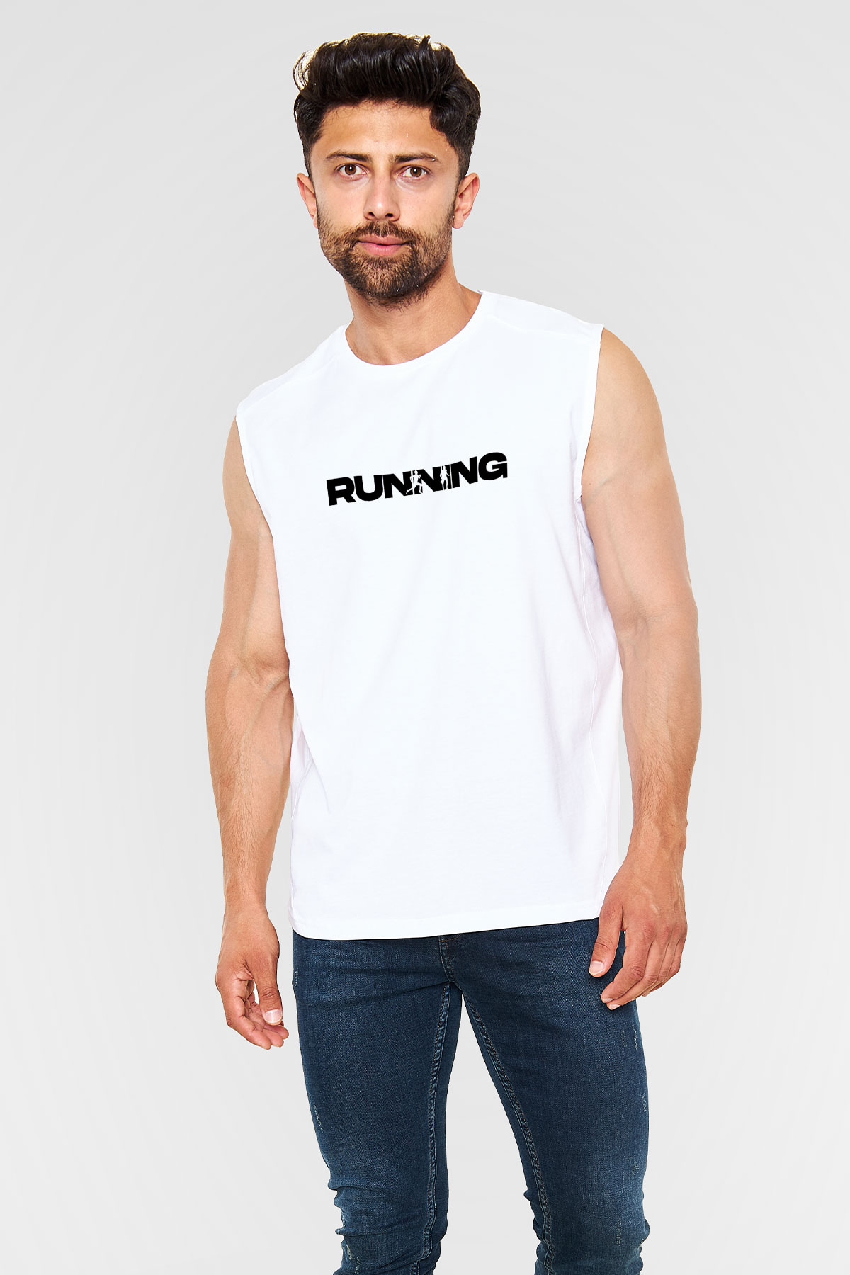 Koşu Baskılı Unisex Kolsuz Beyaz Tişört