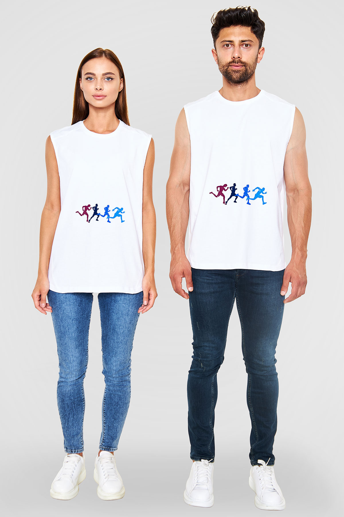 Koşu Baskılı Unisex Kolsuz Beyaz Tişört