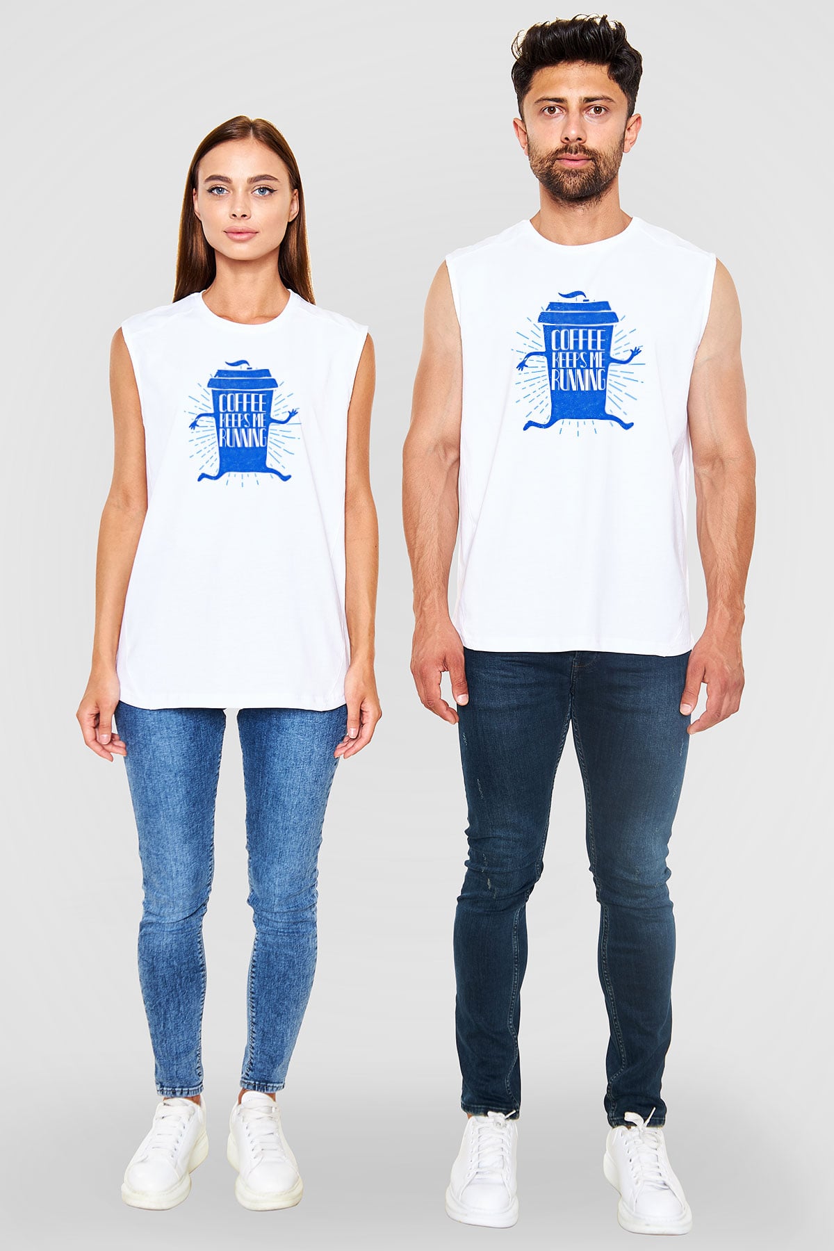 Koşu Baskılı Unisex Kolsuz Beyaz Tişört