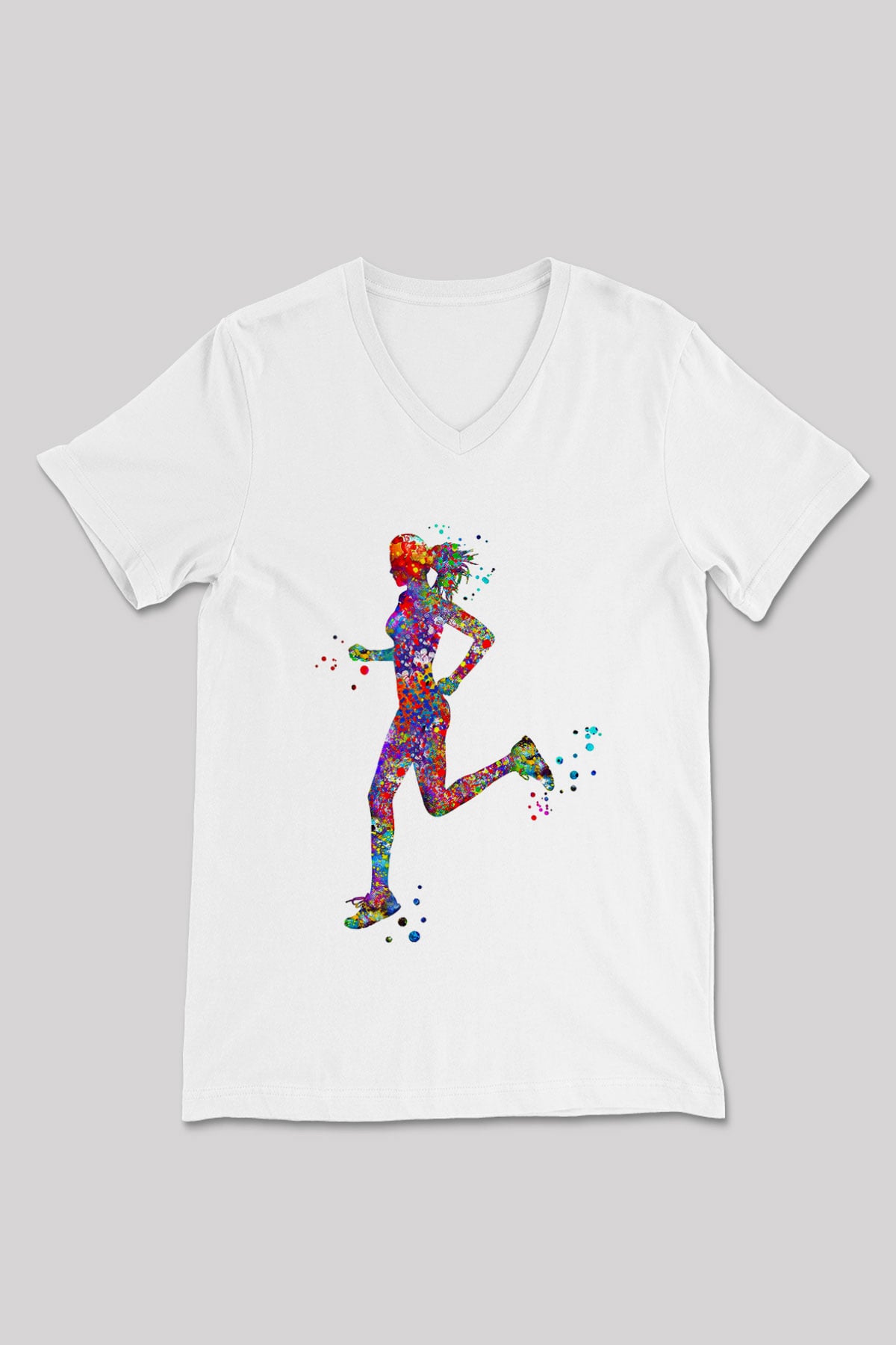 Koşu Baskılı Unisex V Yaka Tişört - Tshirt